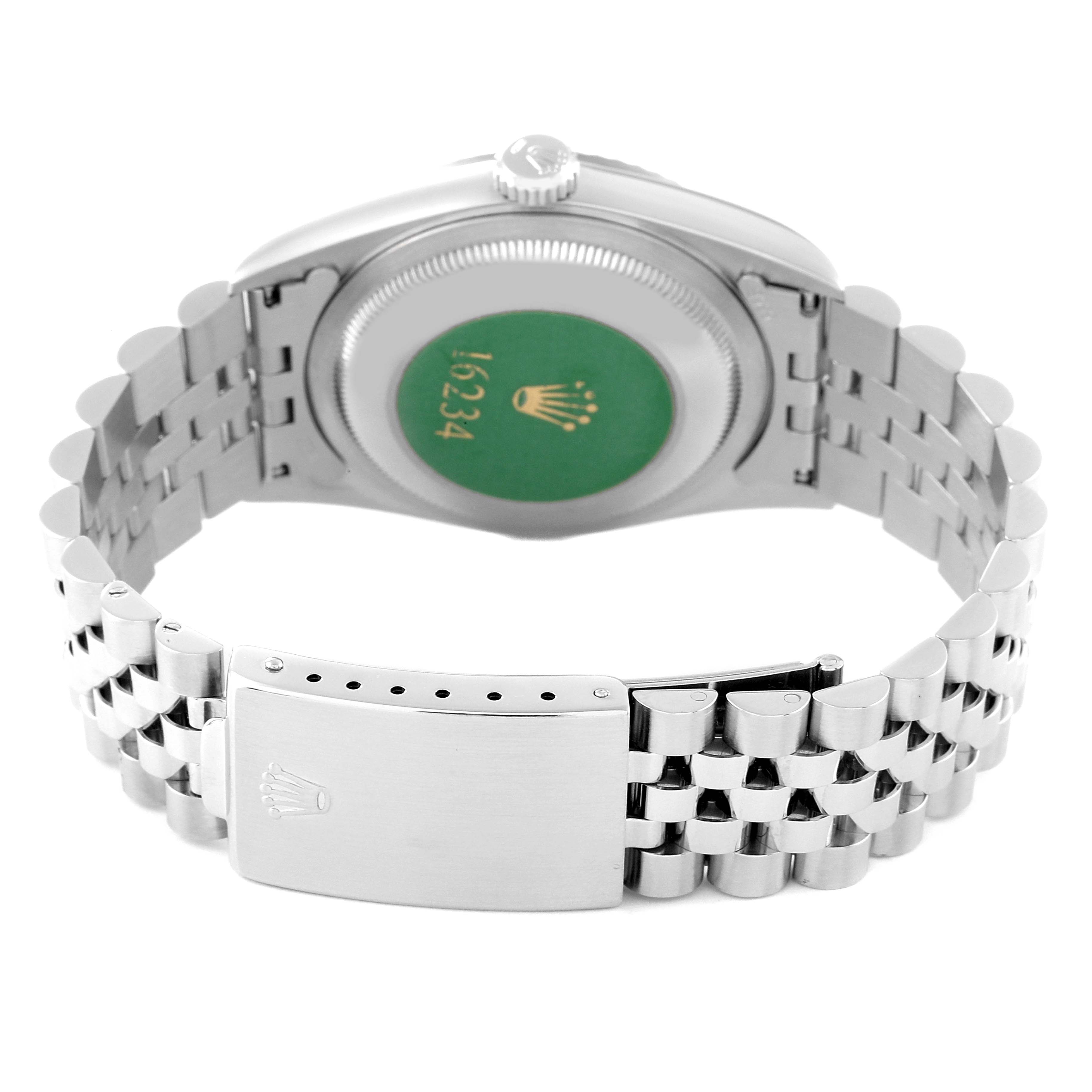 The image shows the back view of a Rolex Datejust 16234 Men's Stainless Steel Mother of Pearl Dial 16234 Men's Stainless Steel Mother of Pearl Dial watch, featuring its case back, crown, and Oyster bracelet with clasp.