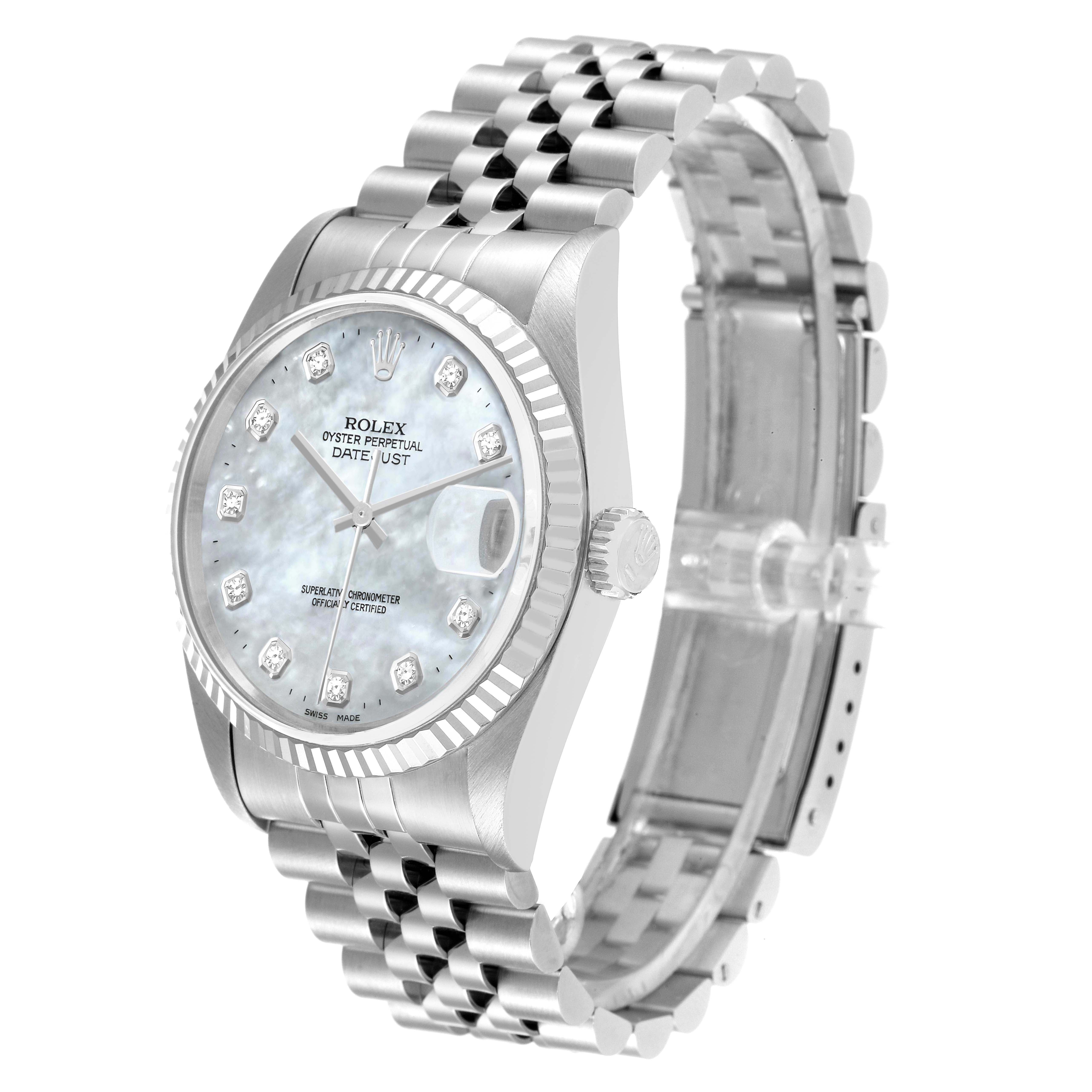 The image shows a side view of a Rolex Datejust 16234 Men's Stainless Steel Mother of Pearl Dial 16234 Men's Stainless Steel Mother of Pearl Dial watch, highlighting the dial, bezel, crown, and bracelet.
