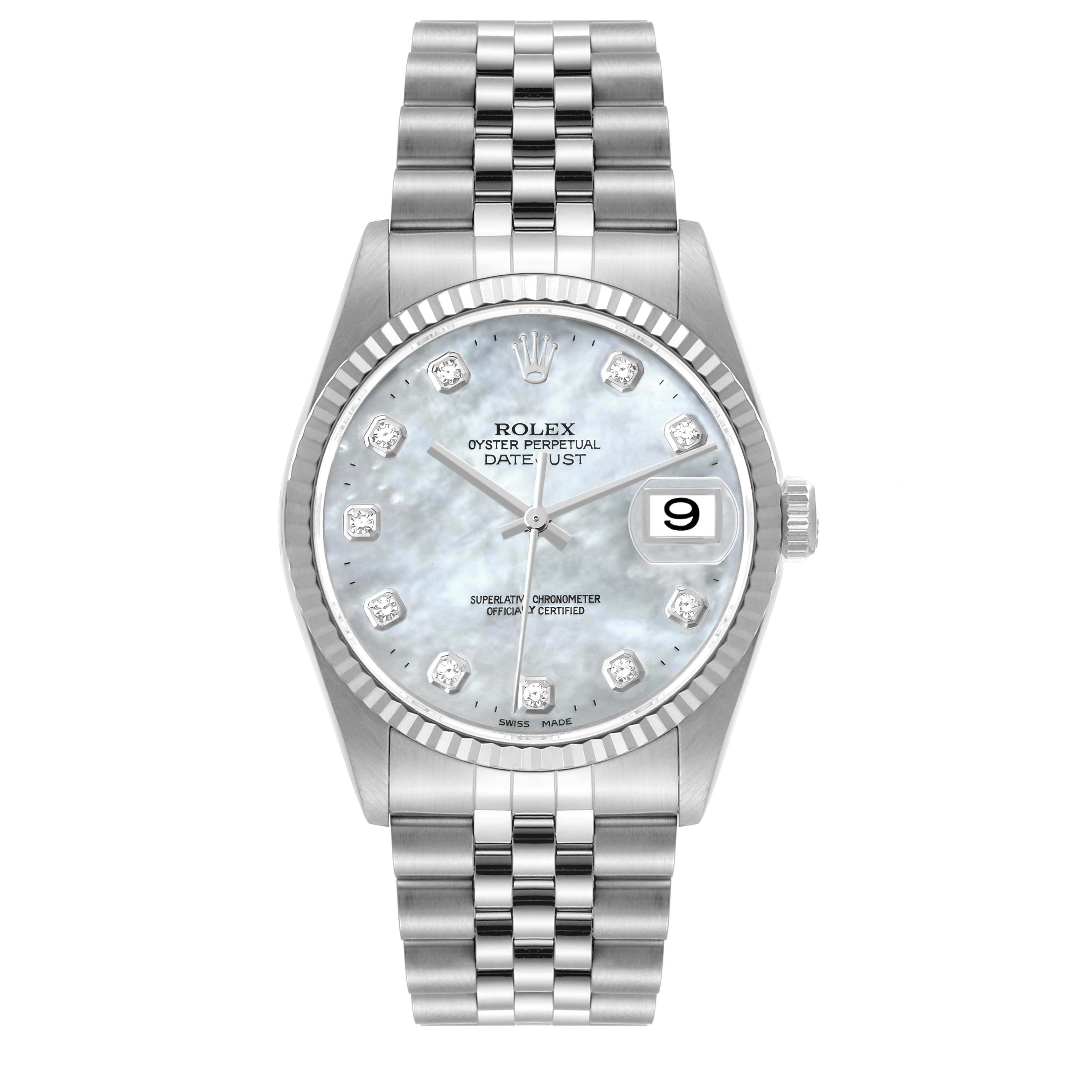 The Rolex Datejust 16234 Men's Stainless Steel Mother of Pearl Dial 16234 Men's Stainless Steel Mother of Pearl Dial watch is shown from the front, featuring a mother-of-pearl dial, fluted bezel, date window, and jubilee bracelet.