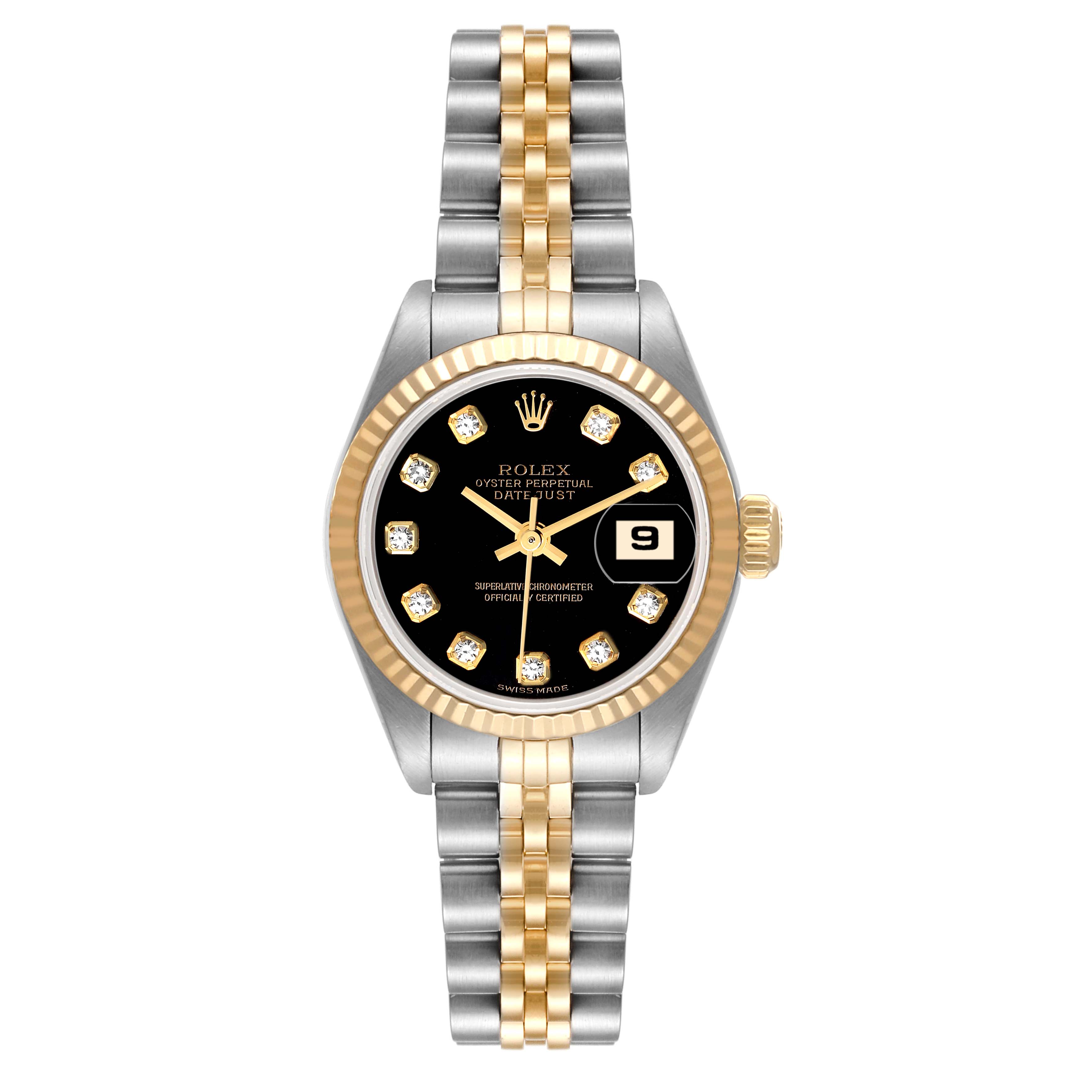 This Rolex Datejust 79173 Women's Steel and Gold (two tone) Black Dial 79173 Women's Steel and Gold (two tone) Black Dial watch is shown from a top-down angle, highlighting its face, bezel, and two-tone bracelet.