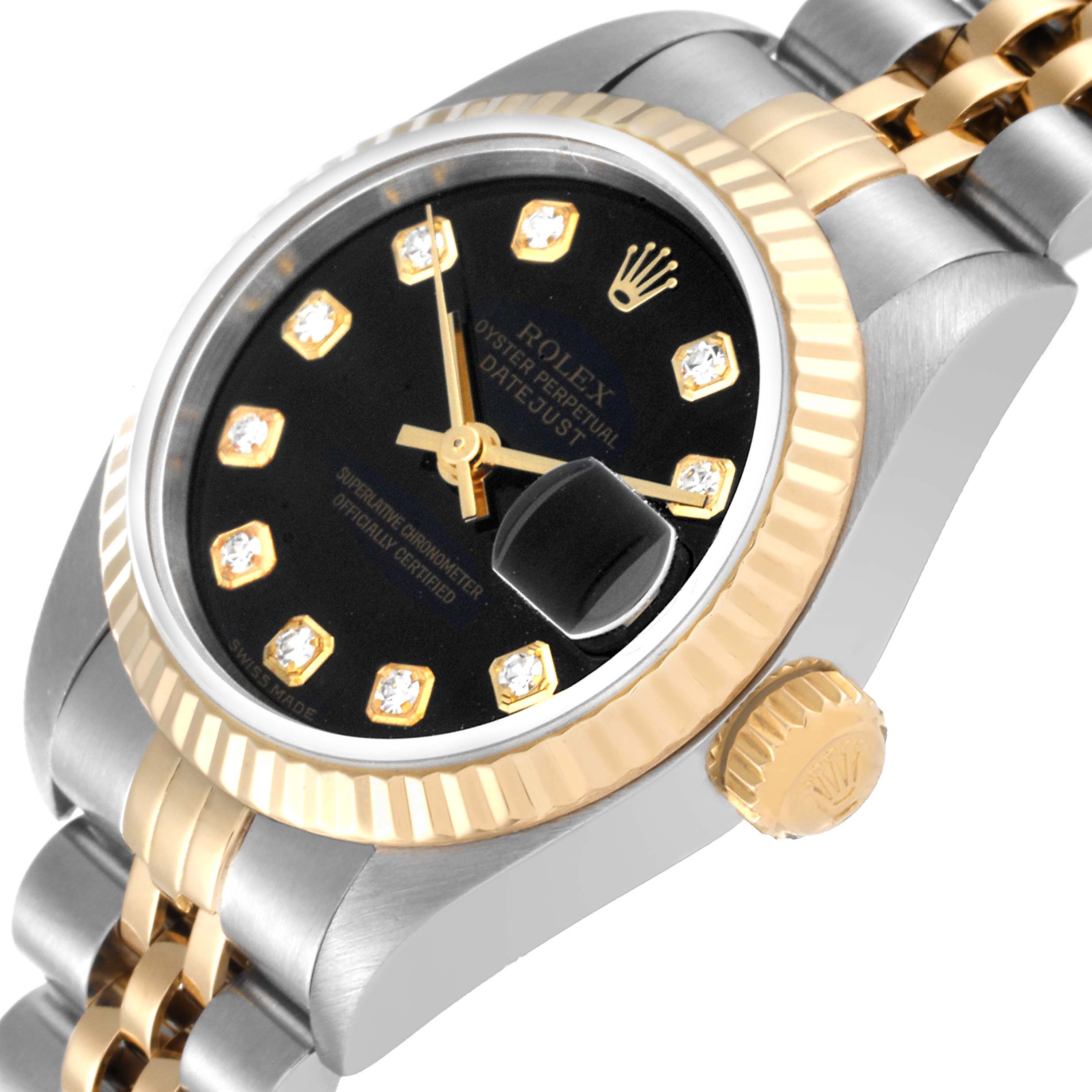 The image shows the face, bezel, crown, and part of the bracelet of a Rolex Datejust 79173 Women's Steel and Gold (two tone) Black Dial 79173 Women's Steel and Gold (two tone) Black Dial watch from an angled perspective.