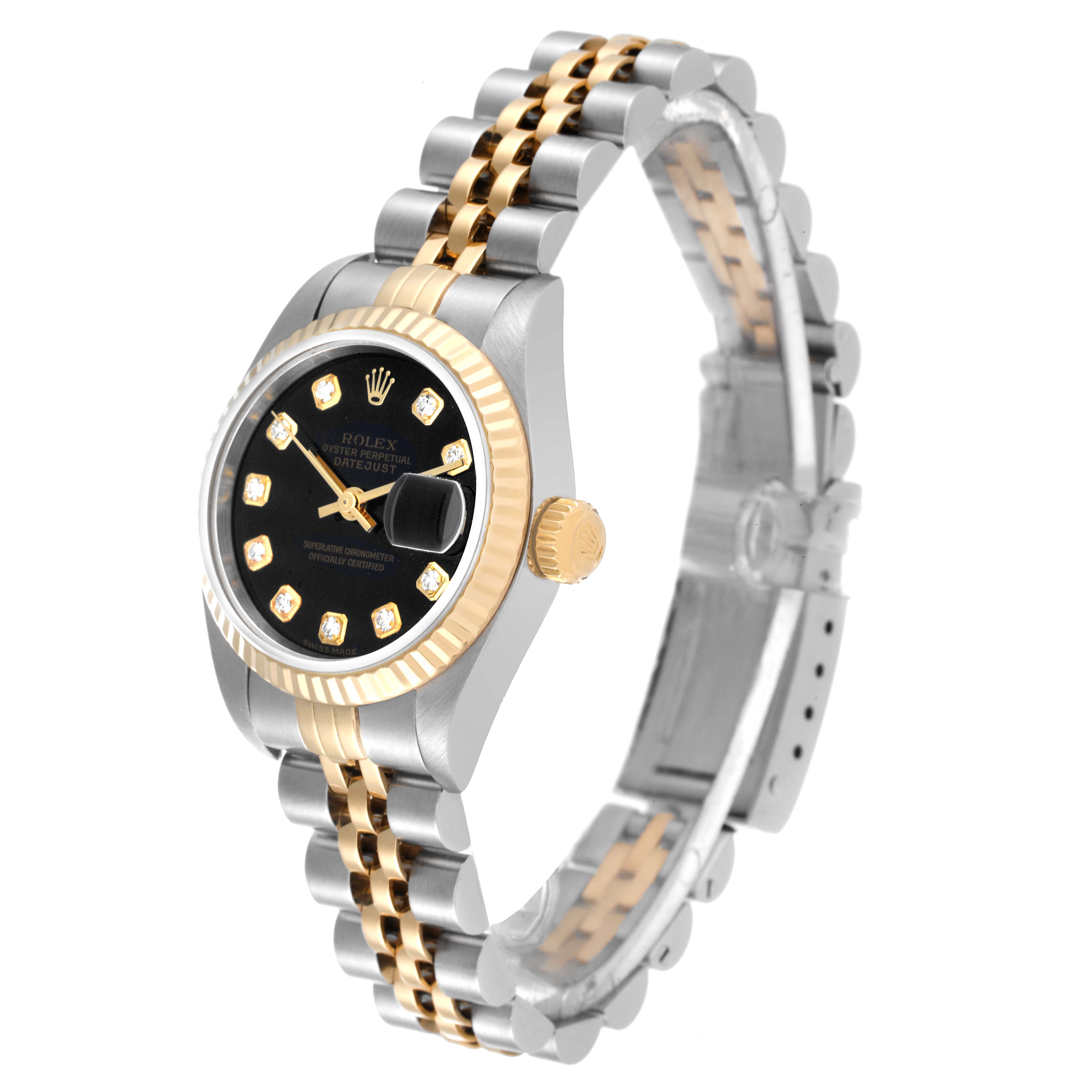 This Rolex Datejust 79173 Women's Steel and Gold (two tone) Black Dial 79173 Women's Steel and Gold (two tone) Black Dial watch is shown at a slight angle displaying its face, bezel, dial, bracelet, and crown.