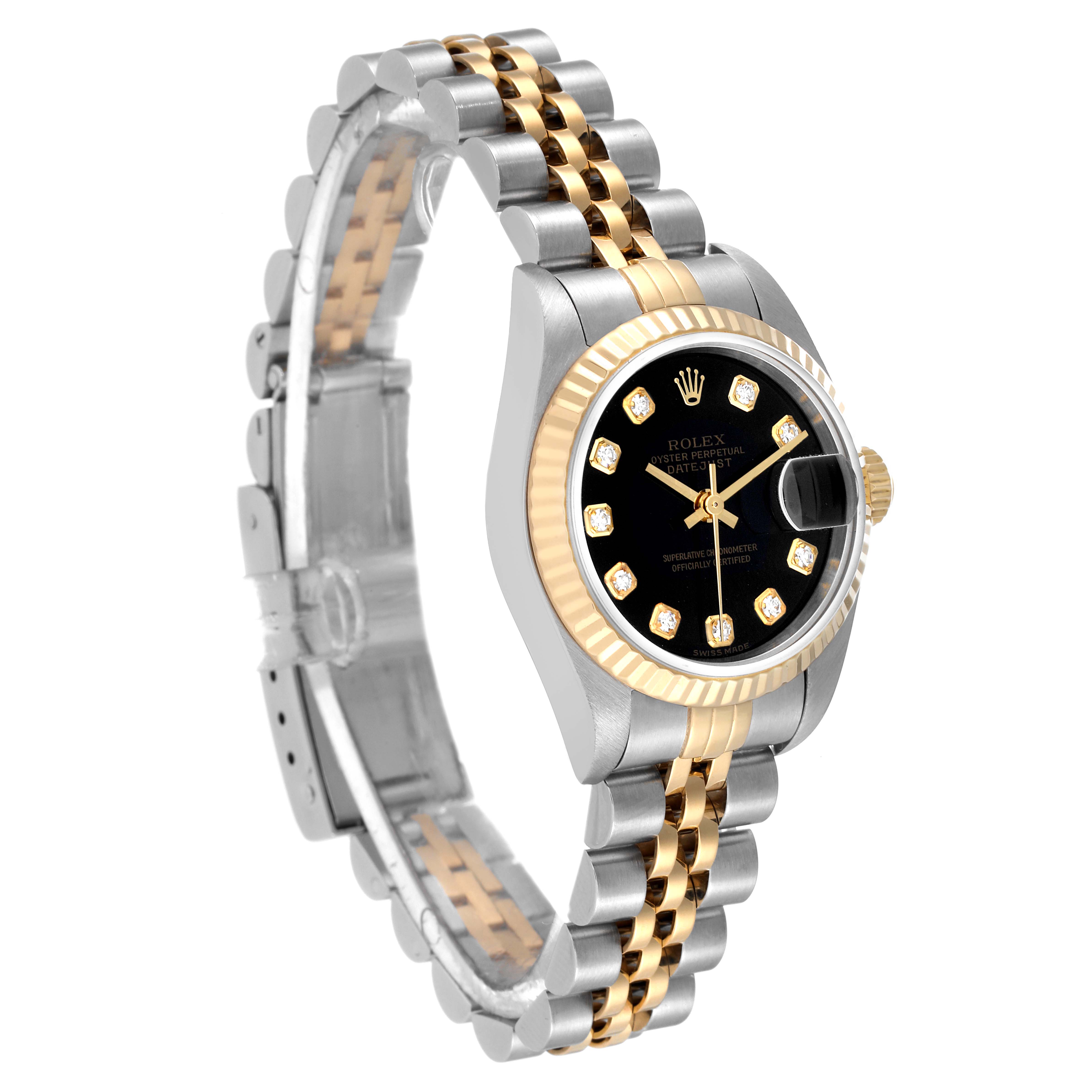 The Rolex Datejust 79173 Women's Steel and Gold (two tone) Black Dial 79173 Women's Steel and Gold (two tone) Black Dial watch is shown at a slight angle, highlighting its two-tone band, black dial, and gold bezel.