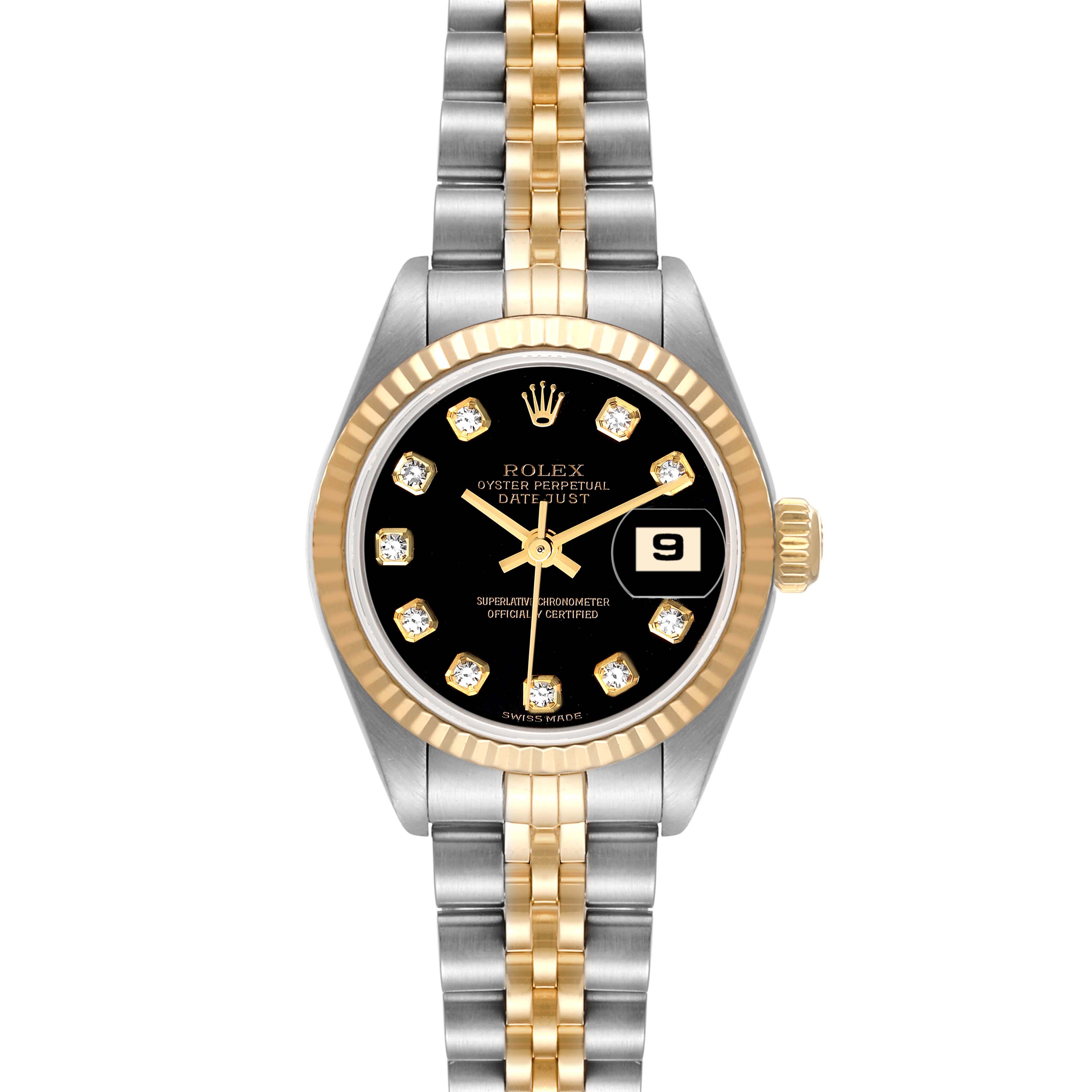 This image shows a Rolex Datejust 79173 Women's Steel and Gold (two tone) Black Dial 79173 Women's Steel and Gold (two tone) Black Dial watch with a black dial, diamond hour markers, a gold fluted bezel, and a two-tone bracelet.
