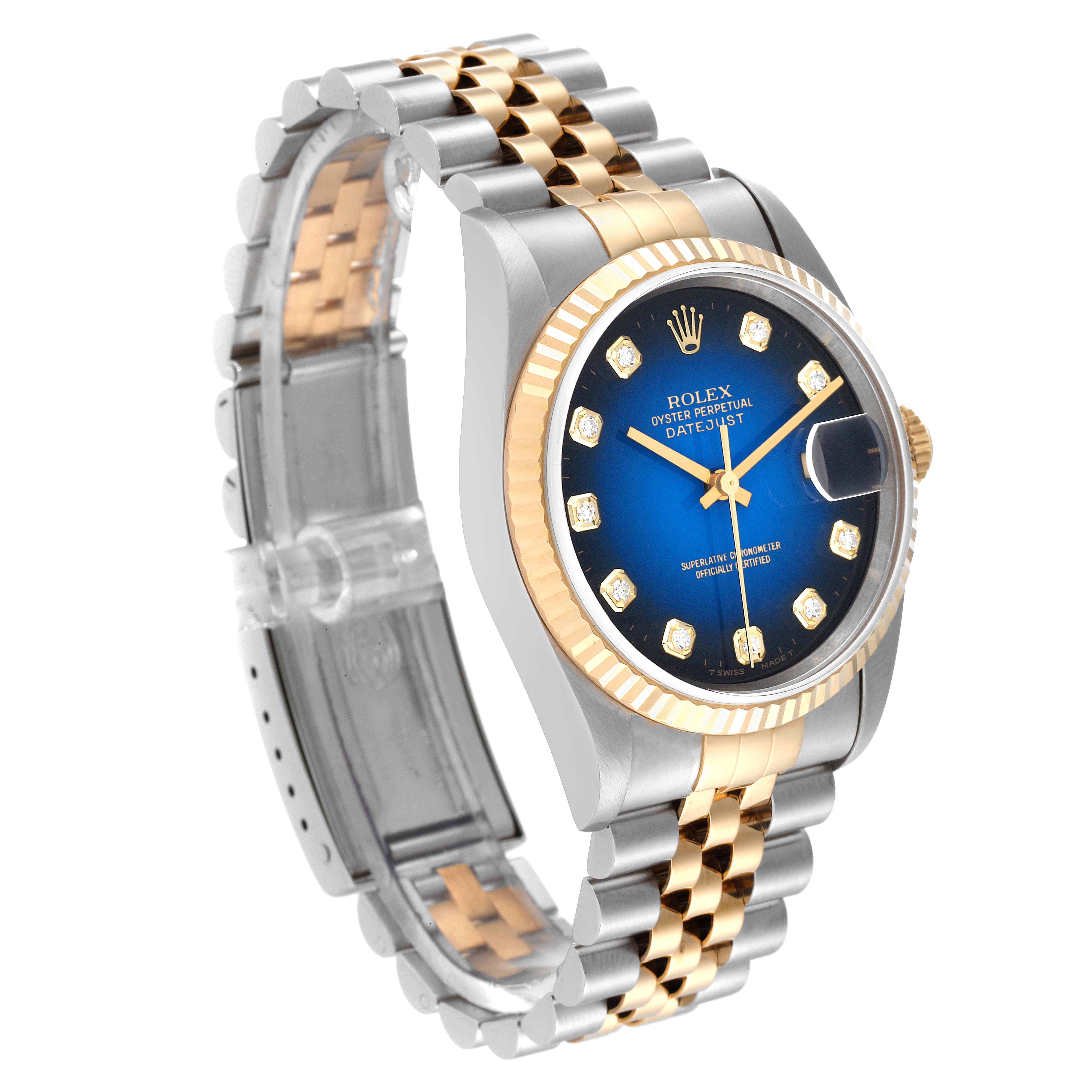 This Rolex Datejust 16233 Men's Steel and Gold (two tone) Blue Dial 16233 Men's Steel and Gold (two tone) Blue Dial watch is shown at a three-quarter angle, displaying the face, bezel, and bracelet clearly.