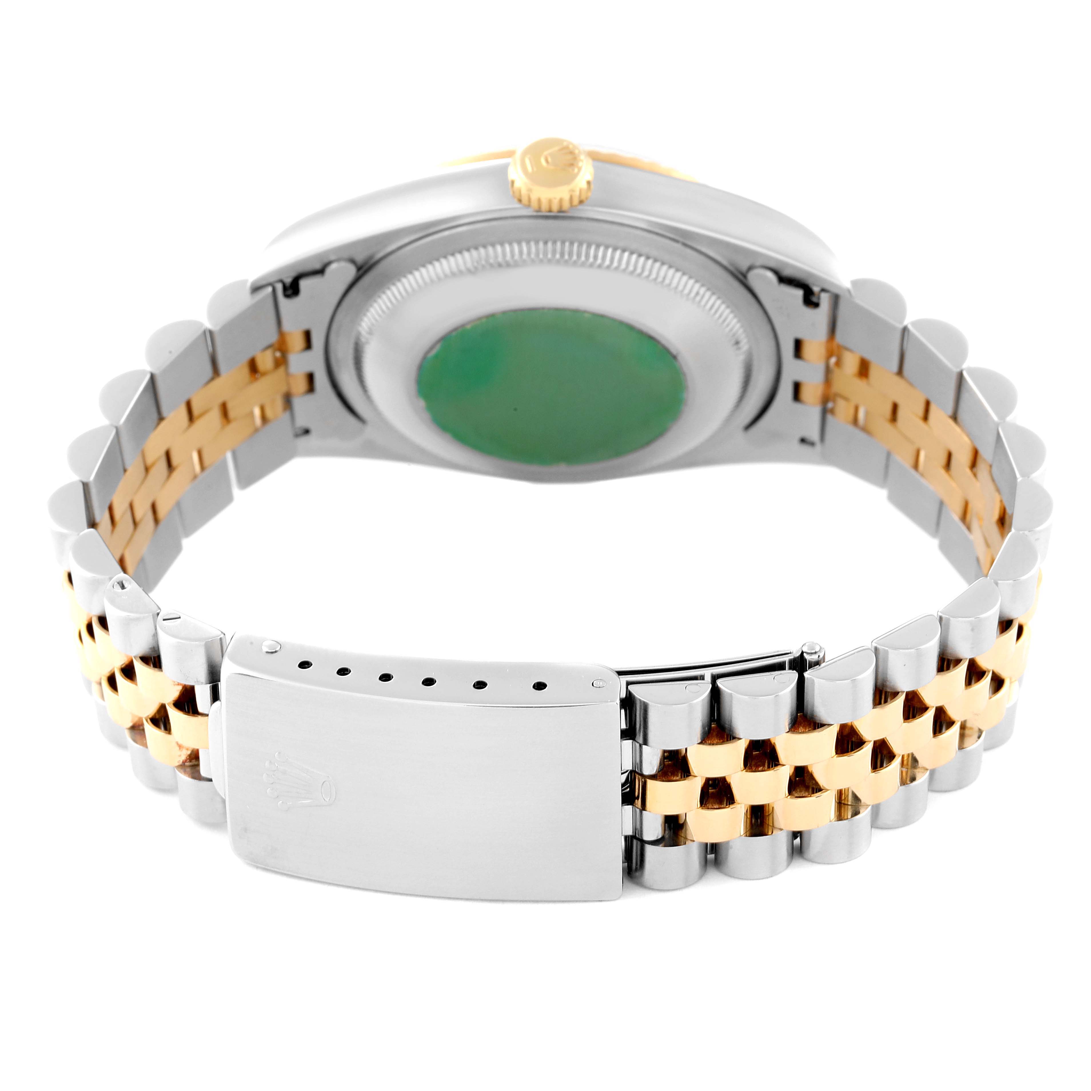 This image shows the back view of a Rolex Datejust 16233 Men's Steel and Gold (two tone) Blue Dial 16233 Men's Steel and Gold (two tone) Blue Dial watch, highlighting the two-tone bracelet and clasp.