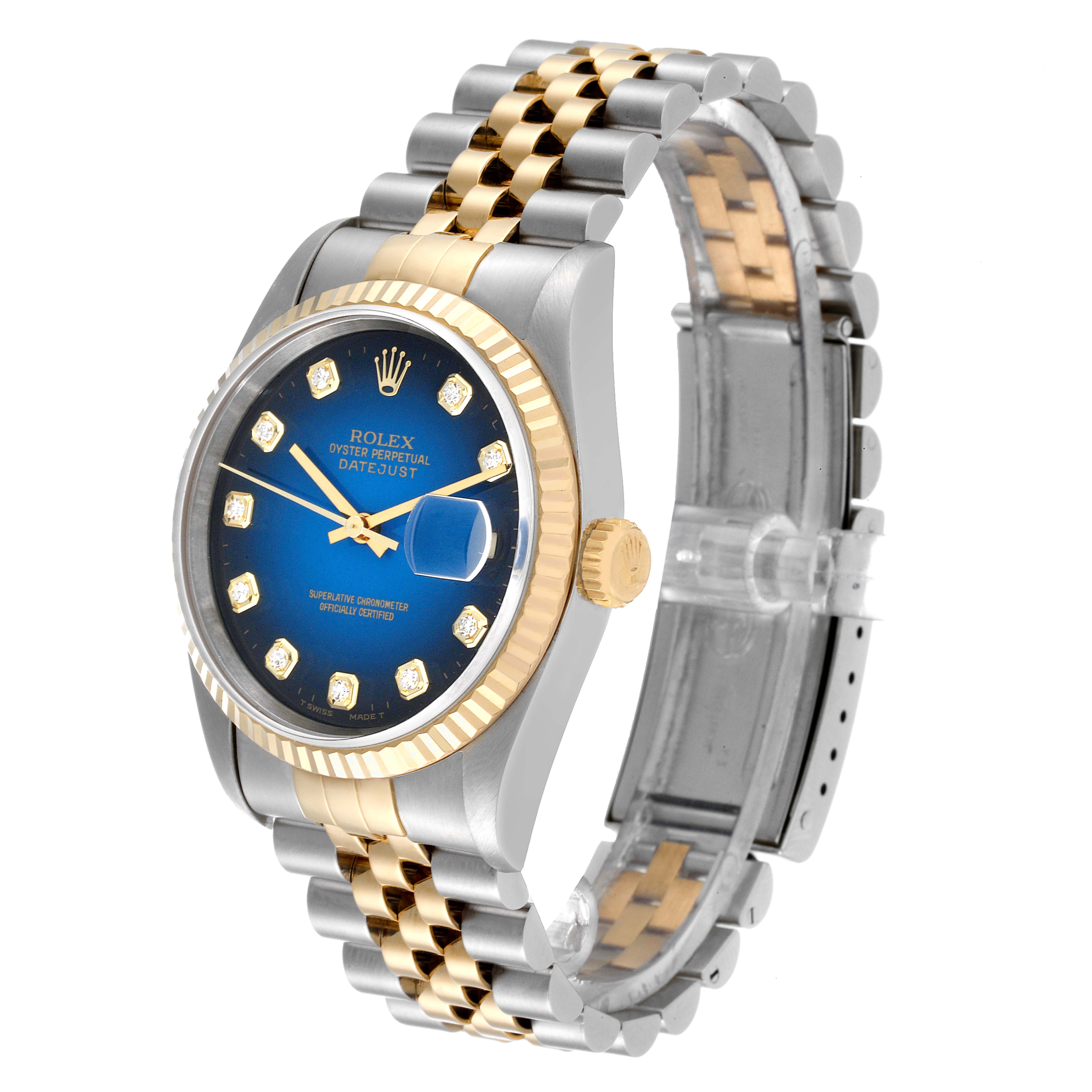 The Rolex Datejust 16233 Men's Steel and Gold (two tone) Blue Dial 16233 Men's Steel and Gold (two tone) Blue Dial watch is shown at a slight angle displaying its face, bezel, crown, and jubilee bracelet.