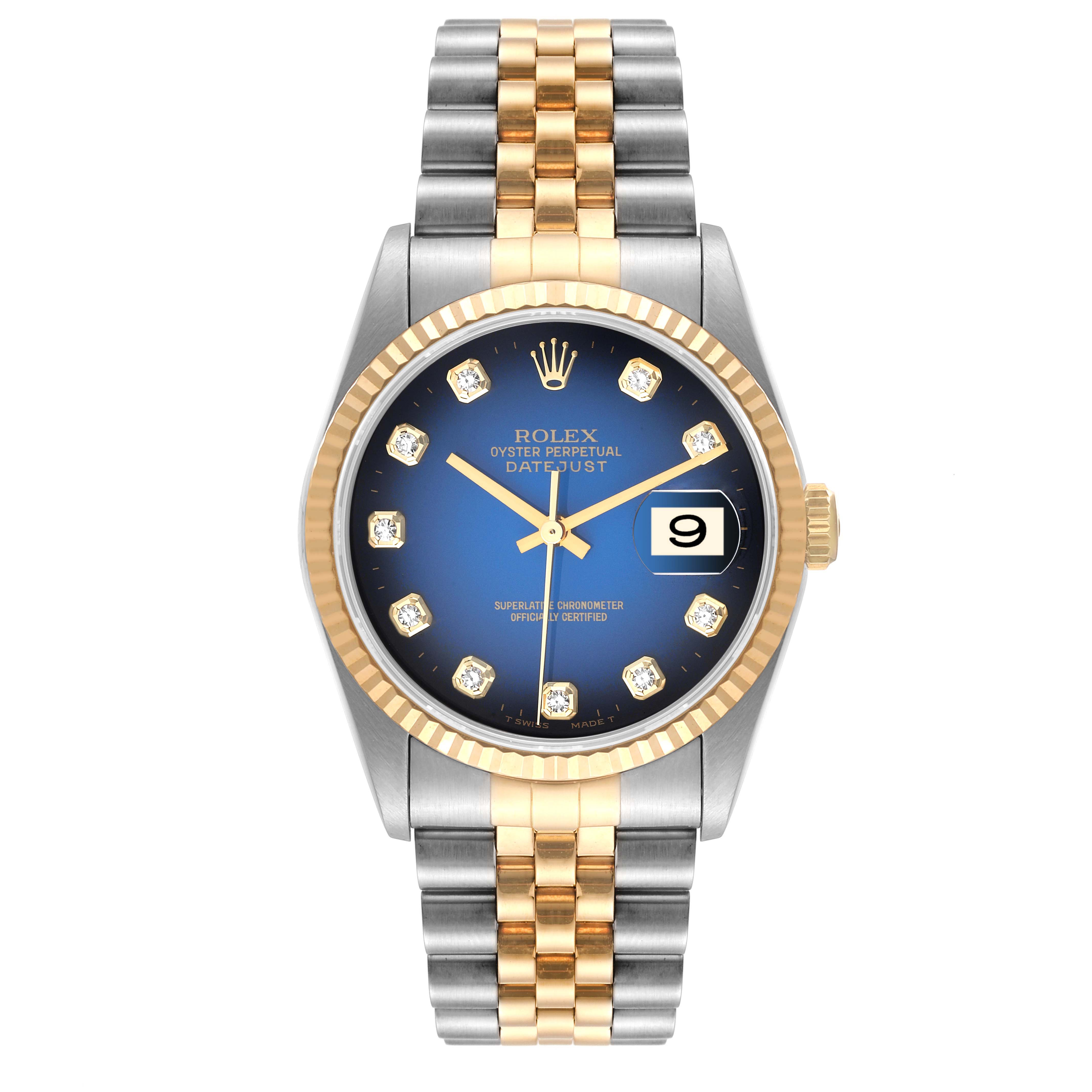 This Rolex Datejust 16233 Men's Steel and Gold (two tone) Blue Dial 16233 Men's Steel and Gold (two tone) Blue Dial model is shown from a front angle, displaying the dial, bezel, and bracelet.