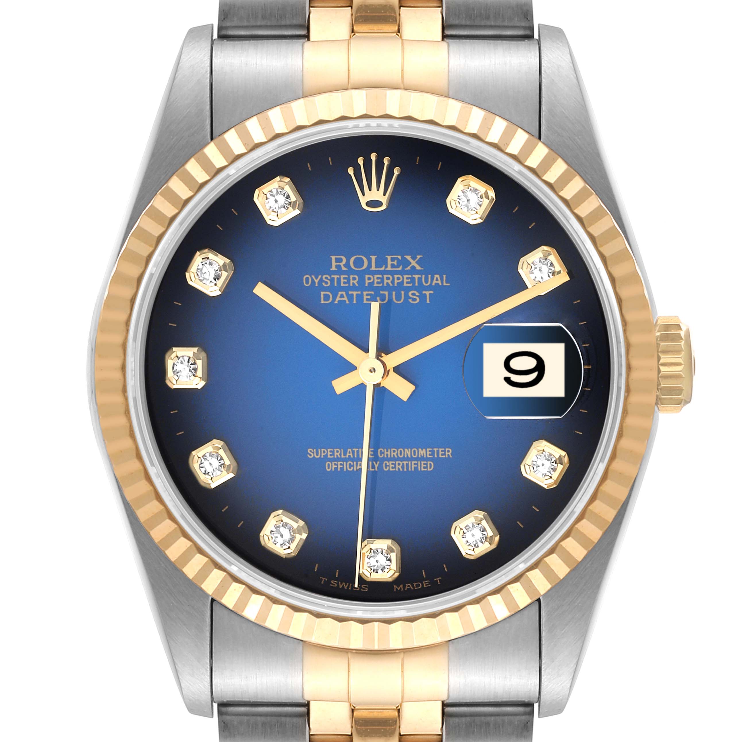 The image shows a front view of a Rolex Datejust 16233 Men's Steel and Gold (two tone) Blue Dial 16233 Men's Steel and Gold (two tone) Blue Dial watch, highlighting its blue dial, gold-tone hands, and two-tone bracelet.