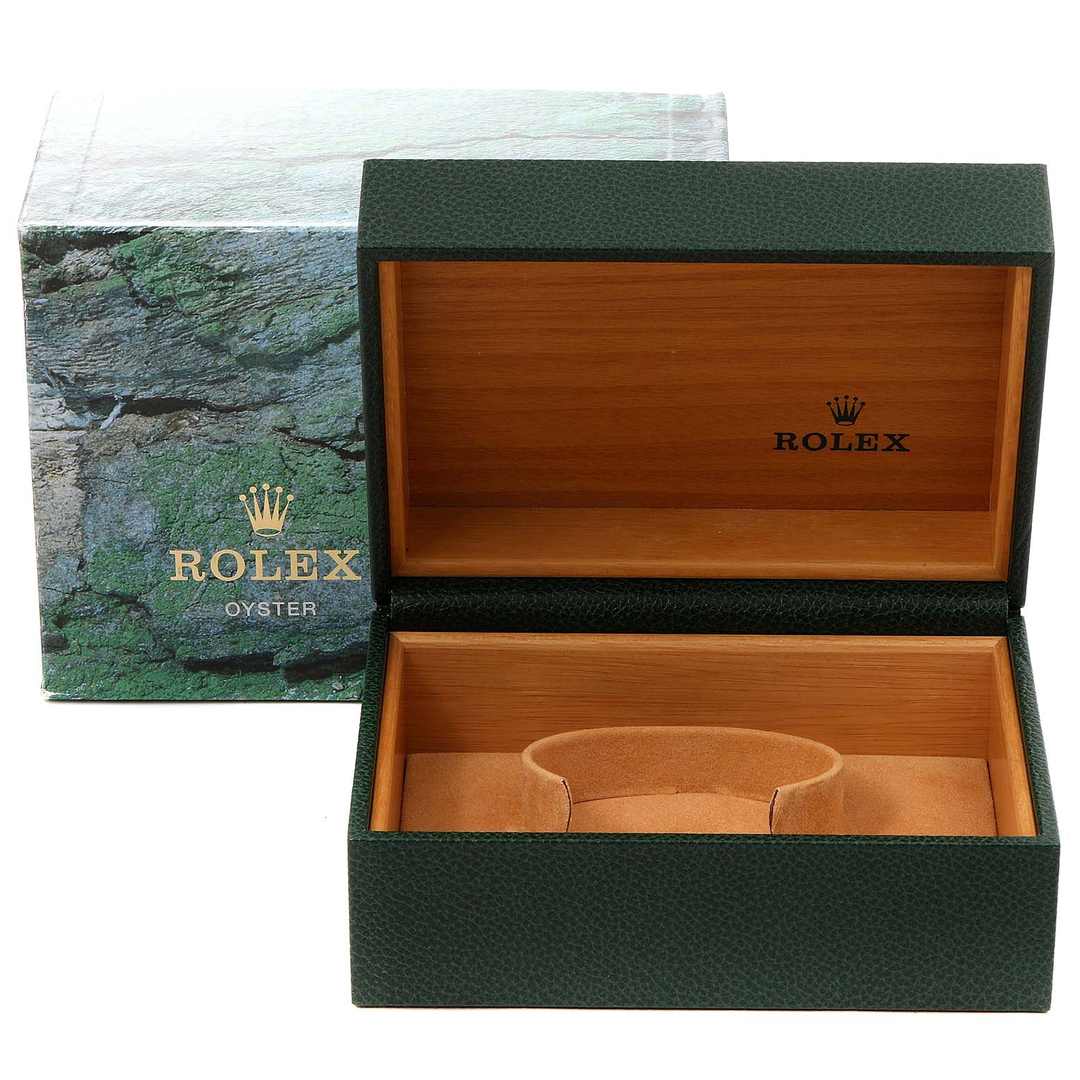 An open Rolex Datejust 16233 Men's Steel and Gold (two tone) Champagne Dial 16233 Men's Steel and Gold (two tone) Champagne Dial watch box is shown with the interior and the outer box visible.