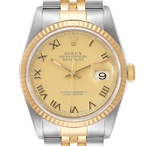 The image shows a Rolex Datejust watch, featuring a gold dial, Roman numerals, and a two-tone bracelet, viewed from the front.