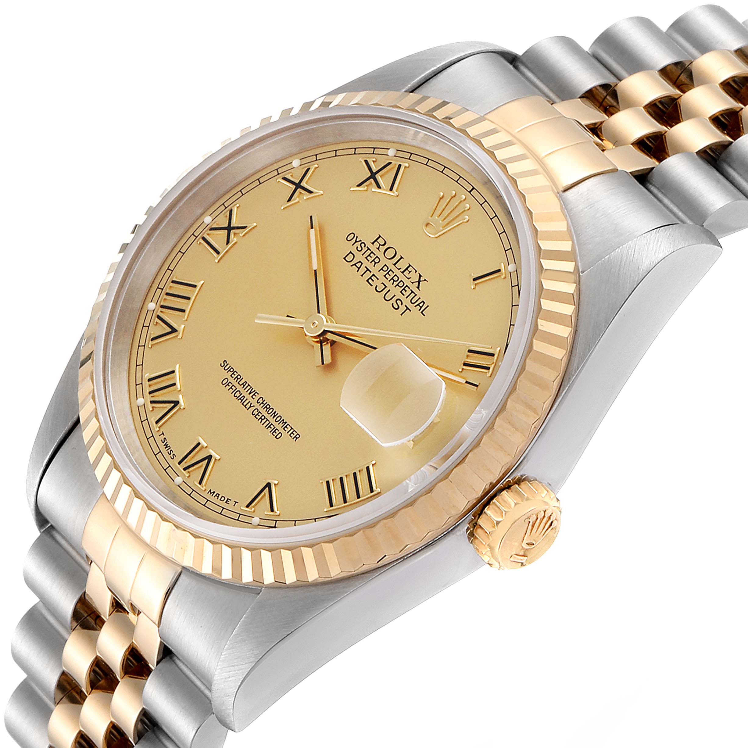 This image shows a Rolex Datejust 16233 Men's Steel and Gold (two tone) Champagne Dial 16233 Men's Steel and Gold (two tone) Champagne Dial watch at an oblique angle, featuring the dial, bezel, crown, and part of the bracelet.