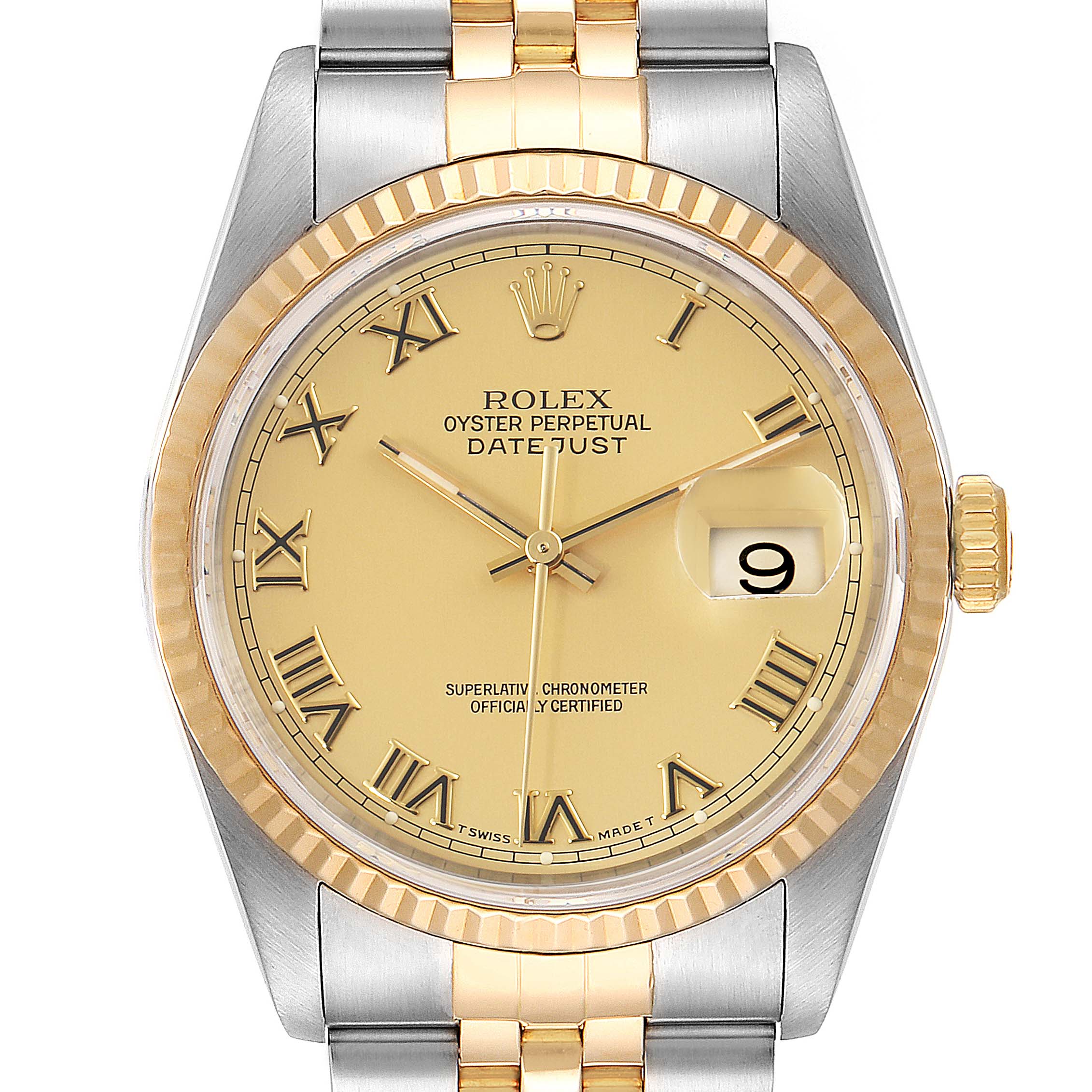 The image shows a Rolex Datejust 16233 Men's Steel and Gold (two tone) Champagne Dial 16233 Men's Steel and Gold (two tone) Champagne Dial watch from a frontal angle, highlighting the dial, hands, bezel, and part of the bracelet.