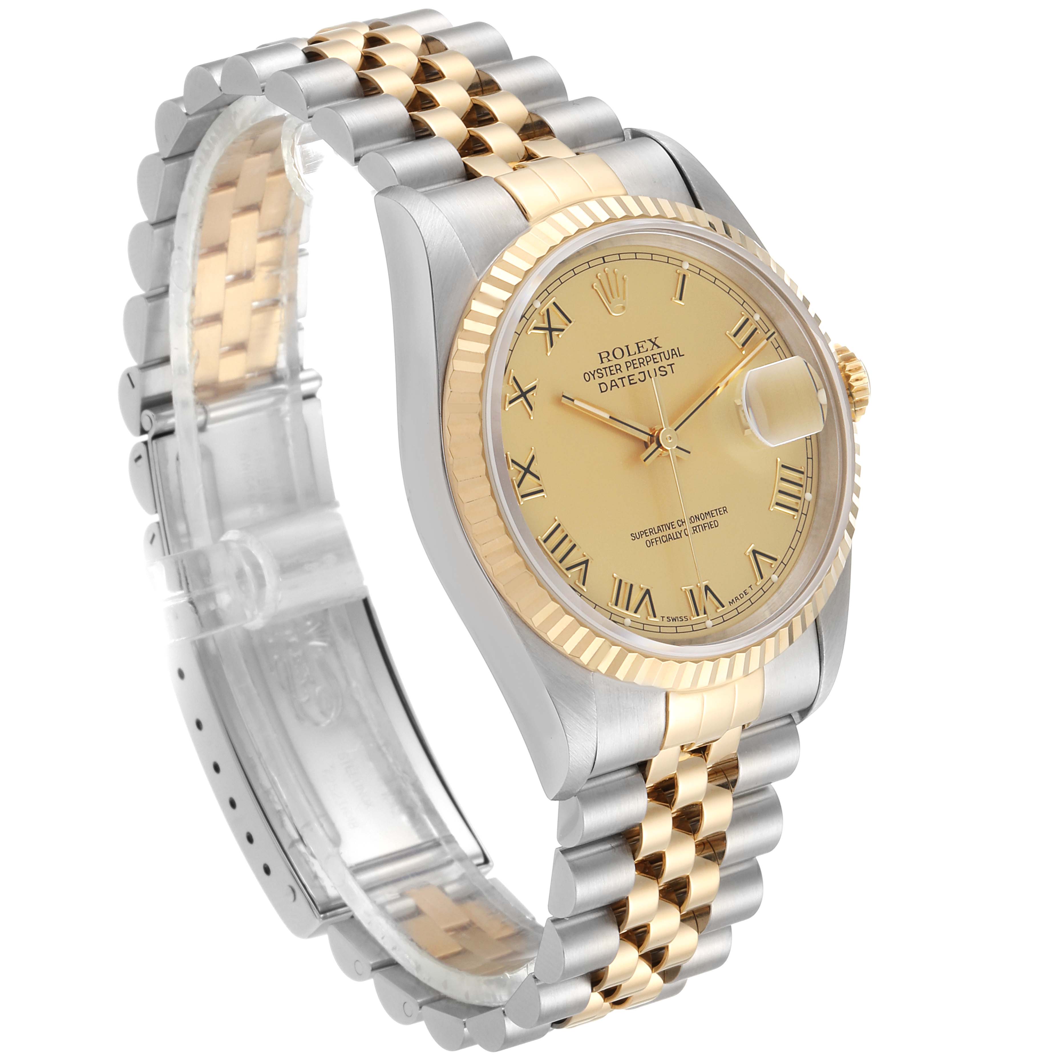 The image shows a stainless steel and gold Rolex Datejust 16233 Men's Steel and Gold (two tone) Champagne Dial 16233 Men's Steel and Gold (two tone) Champagne Dial watch at a three-quarter angle, highlighting the bracelet and the face.