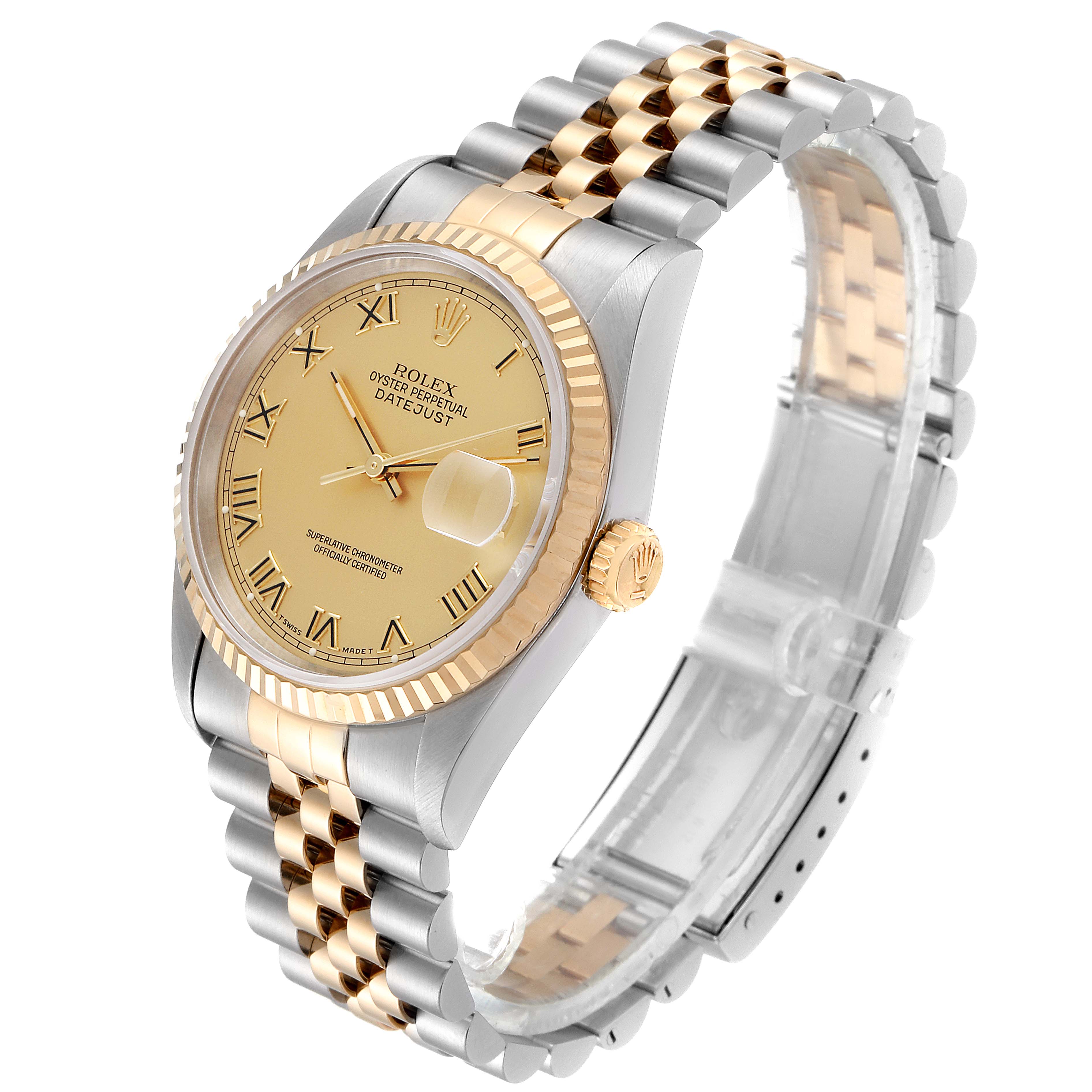 This image shows a Rolex Datejust 16233 Men's Steel and Gold (two tone) Champagne Dial 16233 Men's Steel and Gold (two tone) Champagne Dial watch at a three-quarter angle, highlighting its dial, bezel, crown, and two-tone bracelet.