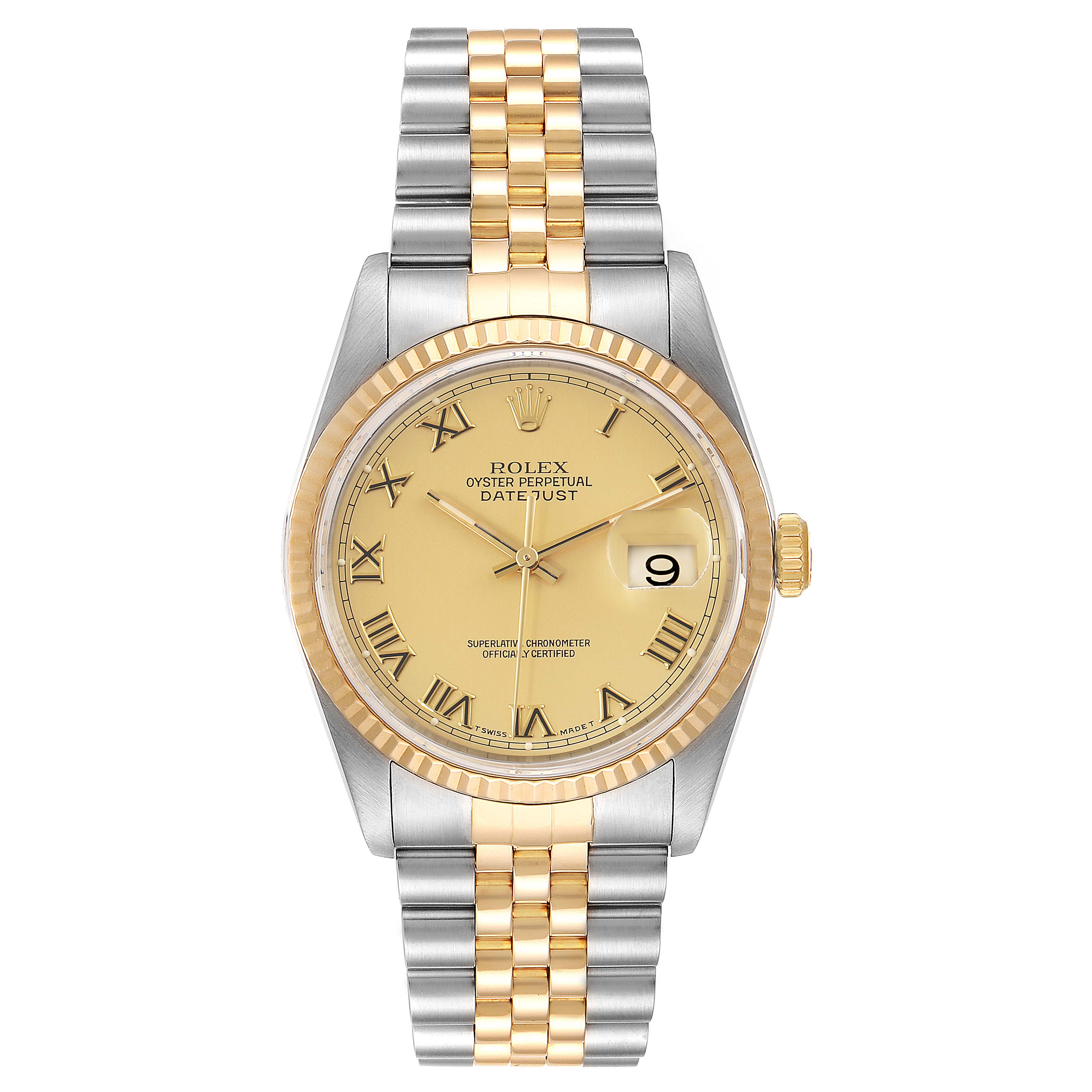 The image shows a Rolex Datejust 16233 Men's Steel and Gold (two tone) Champagne Dial 16233 Men's Steel and Gold (two tone) Champagne Dial watch with a gold dial, two-tone bezel, and Jubilee bracelet, viewed from the front.