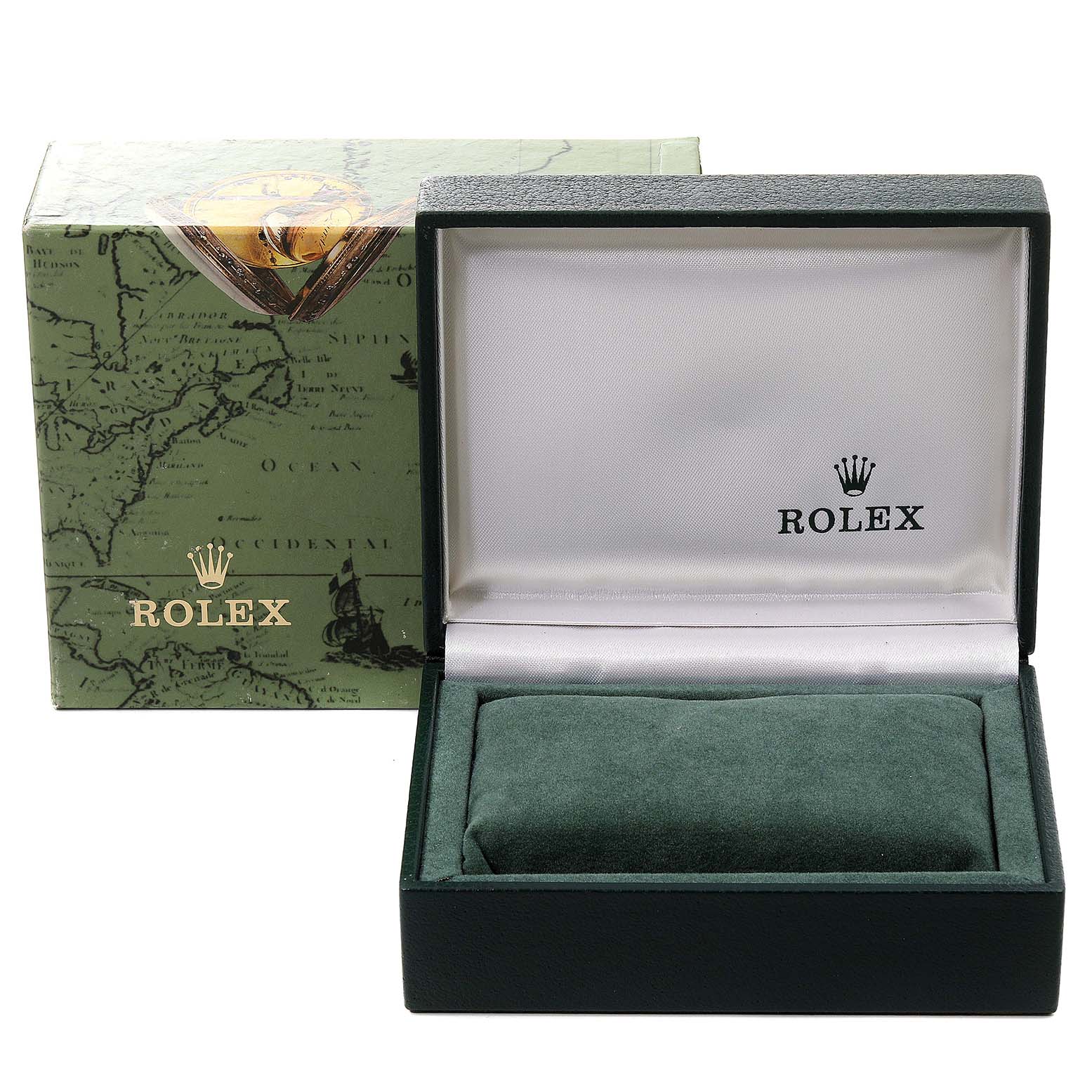 The image shows an open green Rolex box and its outer box, part of the packaging for the Datejust model.