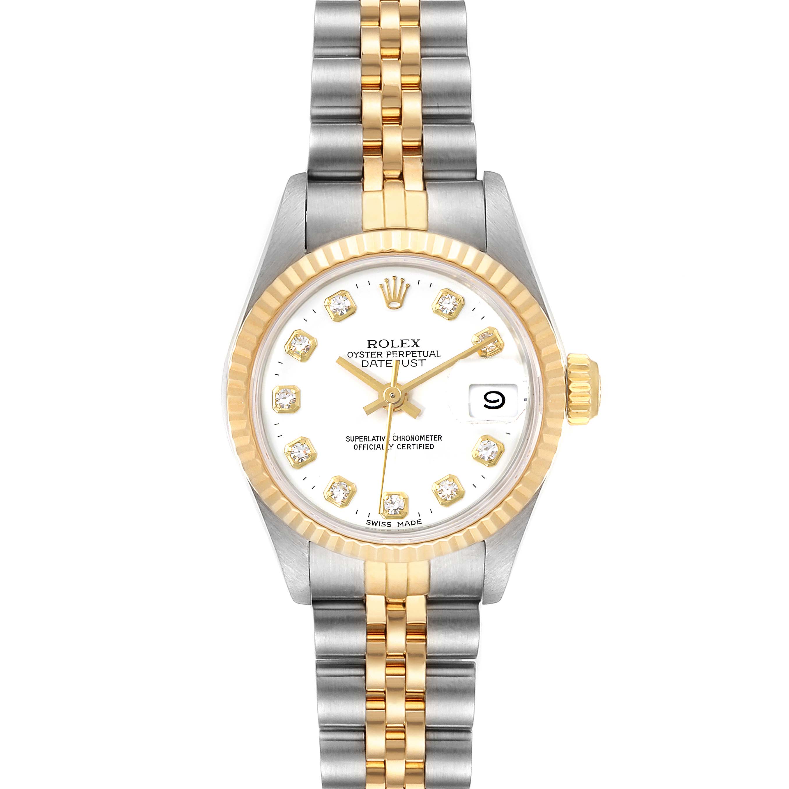 This image shows a front view of a Rolex Datejust 69173 Women's Steel and Gold (two tone) White Dial 69173 Women's Steel and Gold (two tone) White Dial watch, highlighting its two-tone bracelet, fluted bezel, and white dial with diamond hour markers.