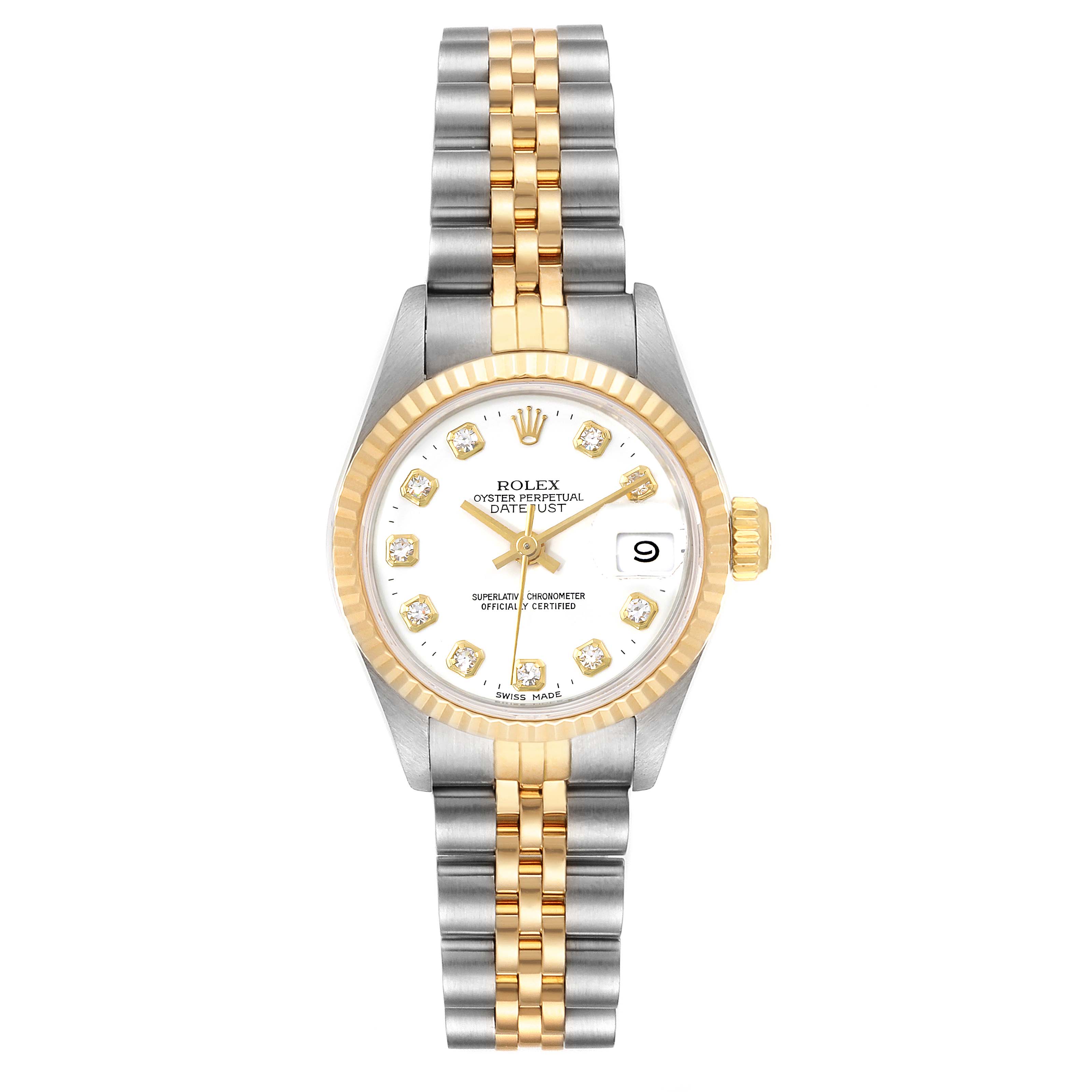 The image shows the front view of a Rolex Datejust 69173 Women's Steel and Gold (two tone) White Dial 69173 Women's Steel and Gold (two tone) White Dial watch, highlighting the dial, bezel, case, and two-tone bracelet.