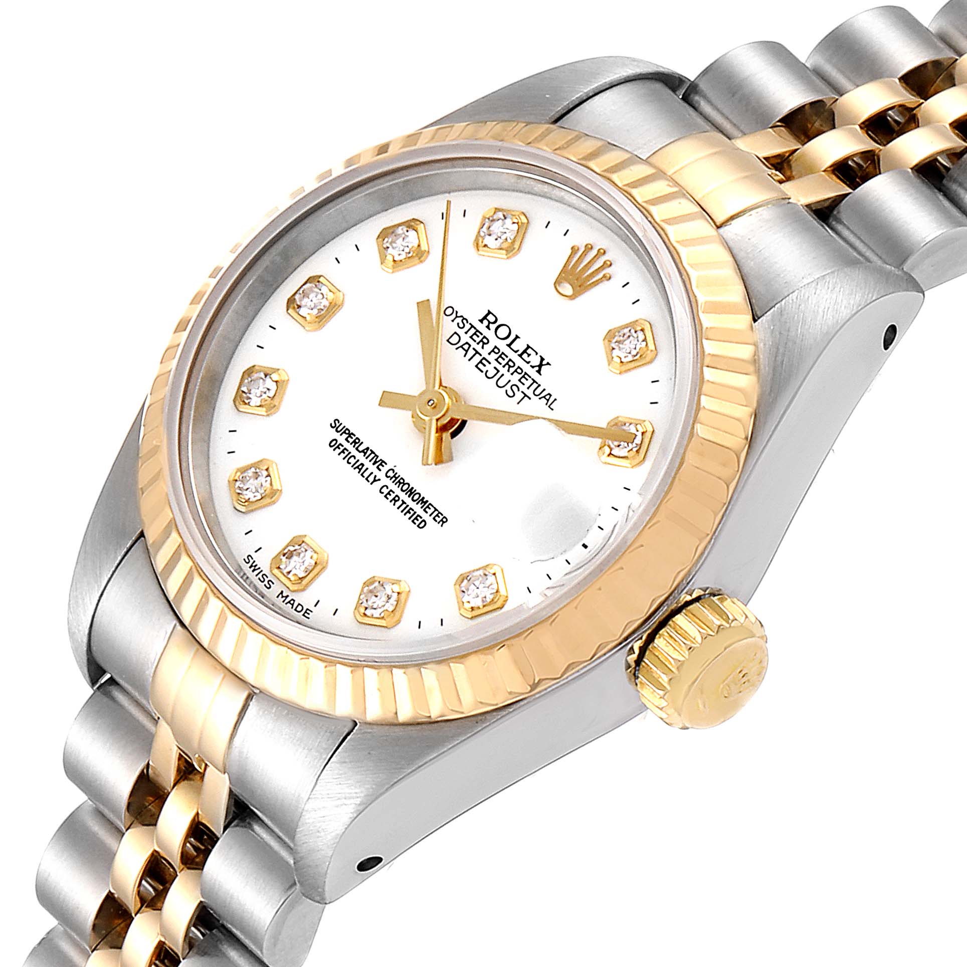 The image shows a Rolex Datejust 69173 Women's Steel and Gold (two tone) White Dial 69173 Women's Steel and Gold (two tone) White Dial watch at a slight angle, highlighting its bracelet, crown, and diamond-set dial.