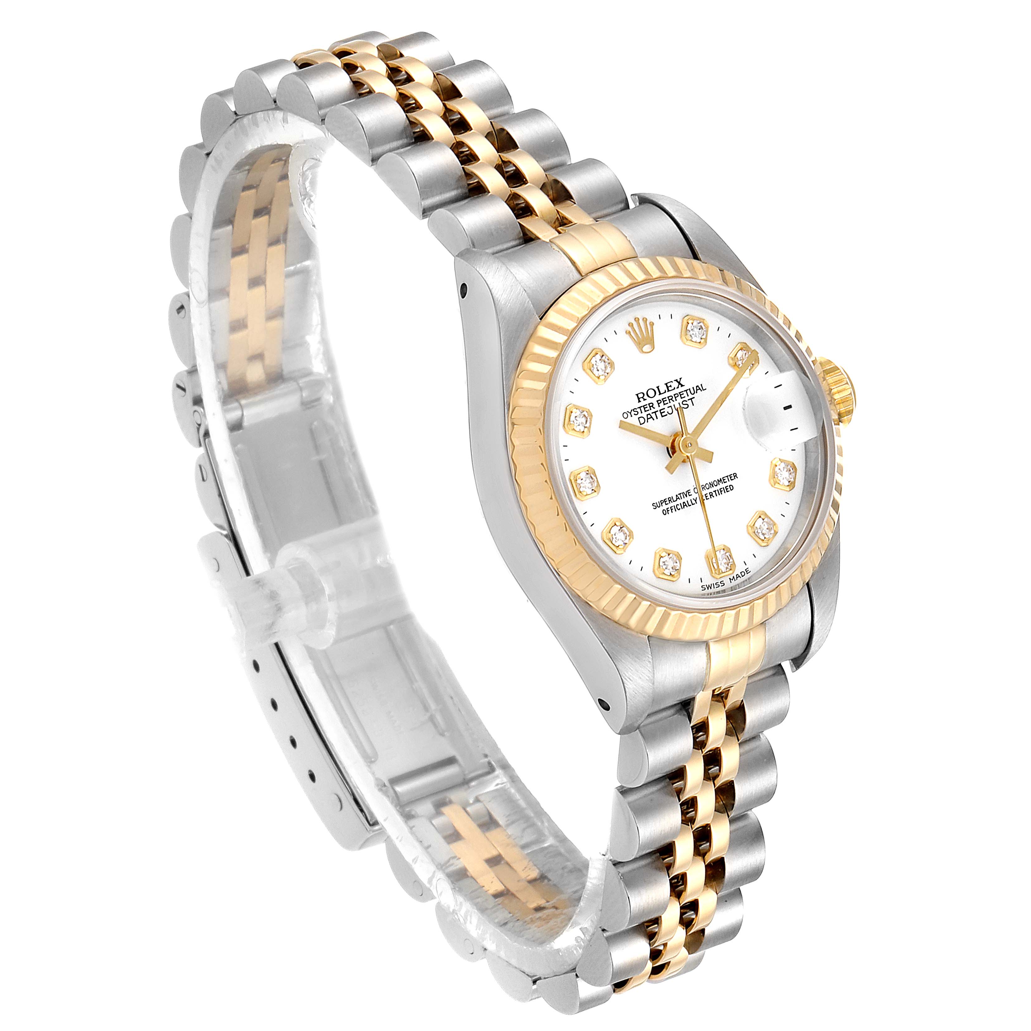 The Rolex Datejust 69173 Women's Steel and Gold (two tone) White Dial 69173 Women's Steel and Gold (two tone) White Dial watch is shown at a three-quarter angle, featuring the face, bezel, crown, and two-tone bracelet.