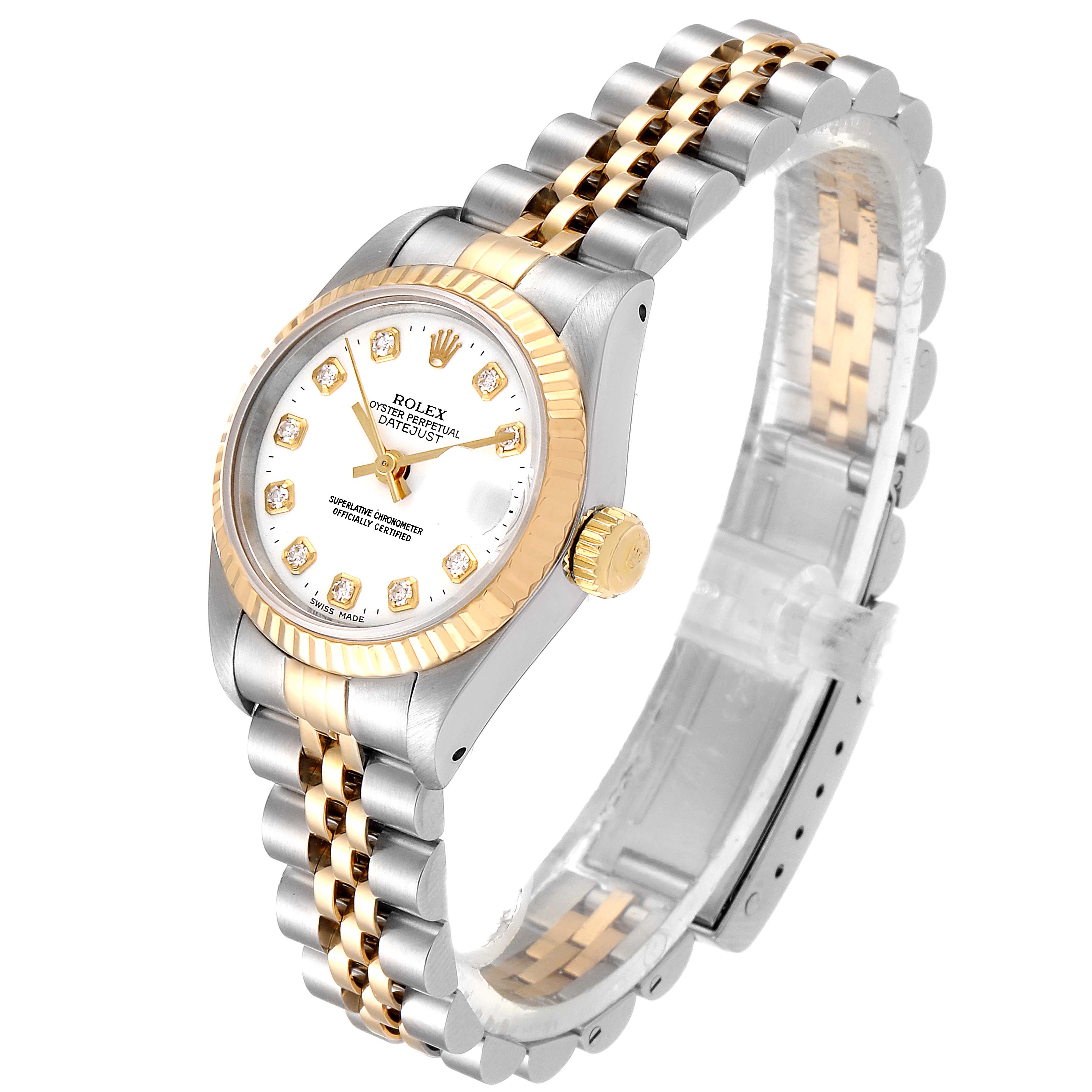 This image shows a Rolex Datejust 69173 Women's Steel and Gold (two tone) White Dial 69173 Women's Steel and Gold (two tone) White Dial watch at a three-quarter angle, highlighting the dial, bezel, crown, and two-tone bracelet.