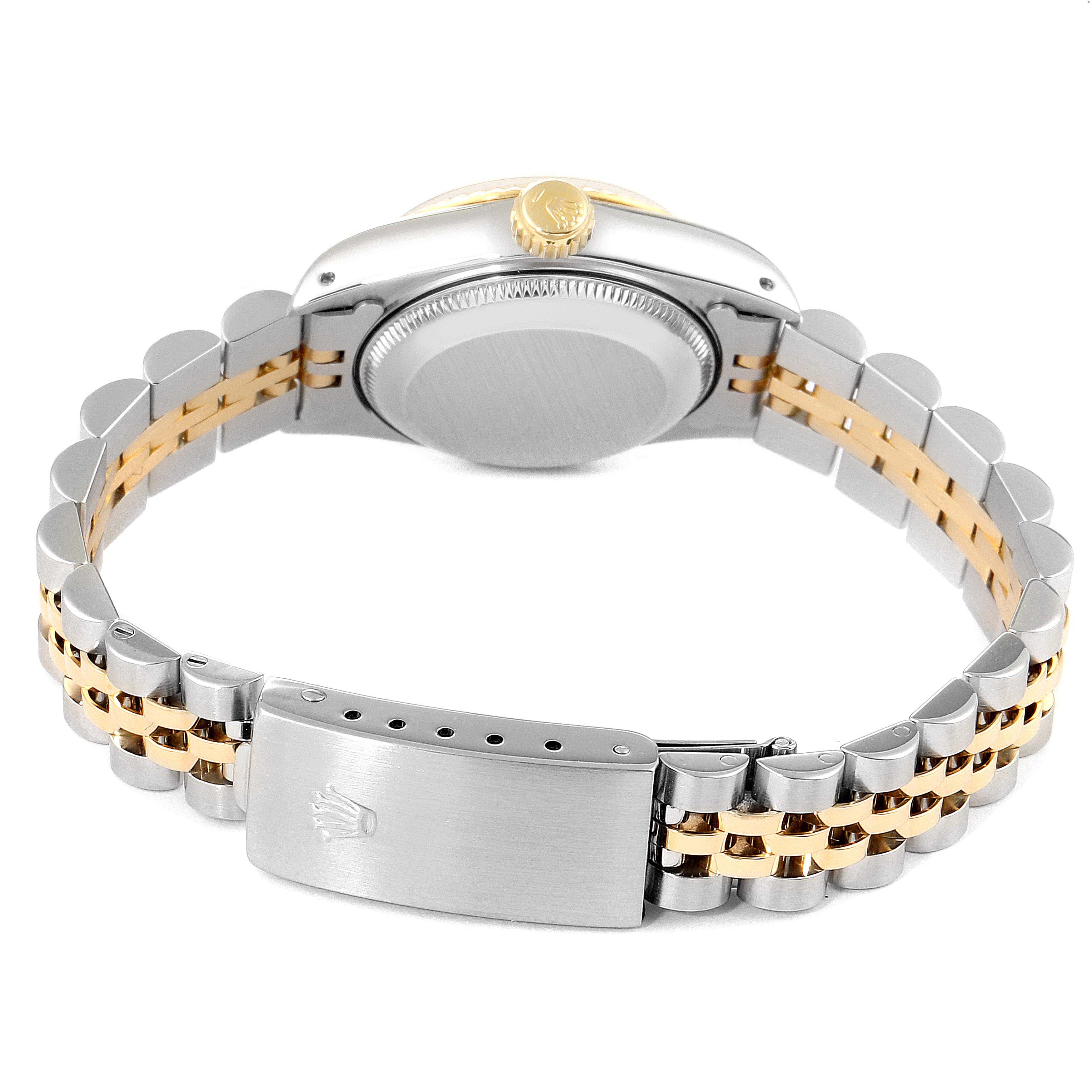 The image shows the back view of the case, crown, and two-tone Jubilee bracelet of a Rolex Datejust 69173 Women's Steel and Gold (two tone) White Dial 69173 Women's Steel and Gold (two tone) White Dial watch.