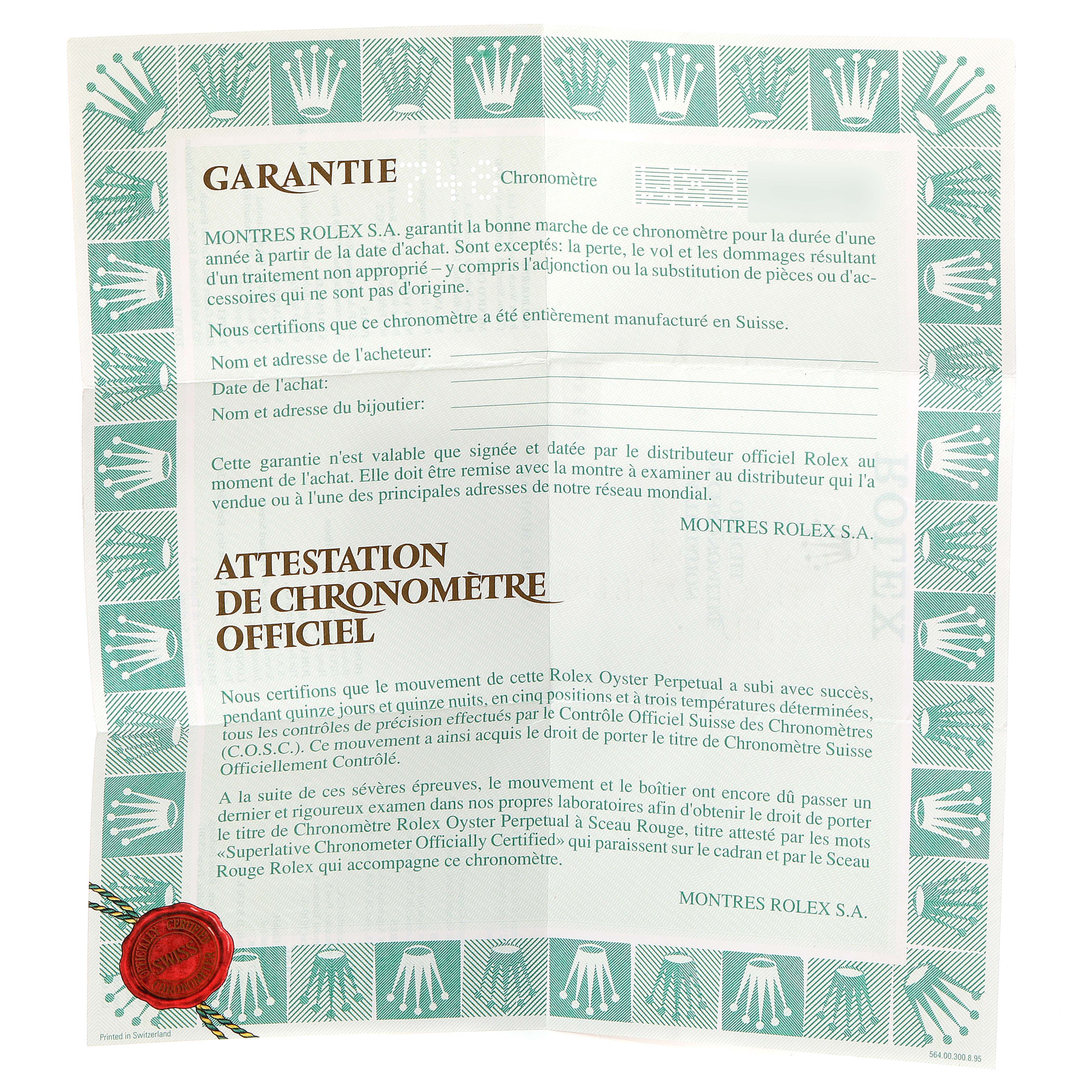 The image shows a certification and guarantee document for the Rolex Datejust 69173 Women's Steel and Gold (two tone) White Dial 69173 Women's Steel and Gold (two tone) White Dial model, emphasizing its authenticity and chronometer status.