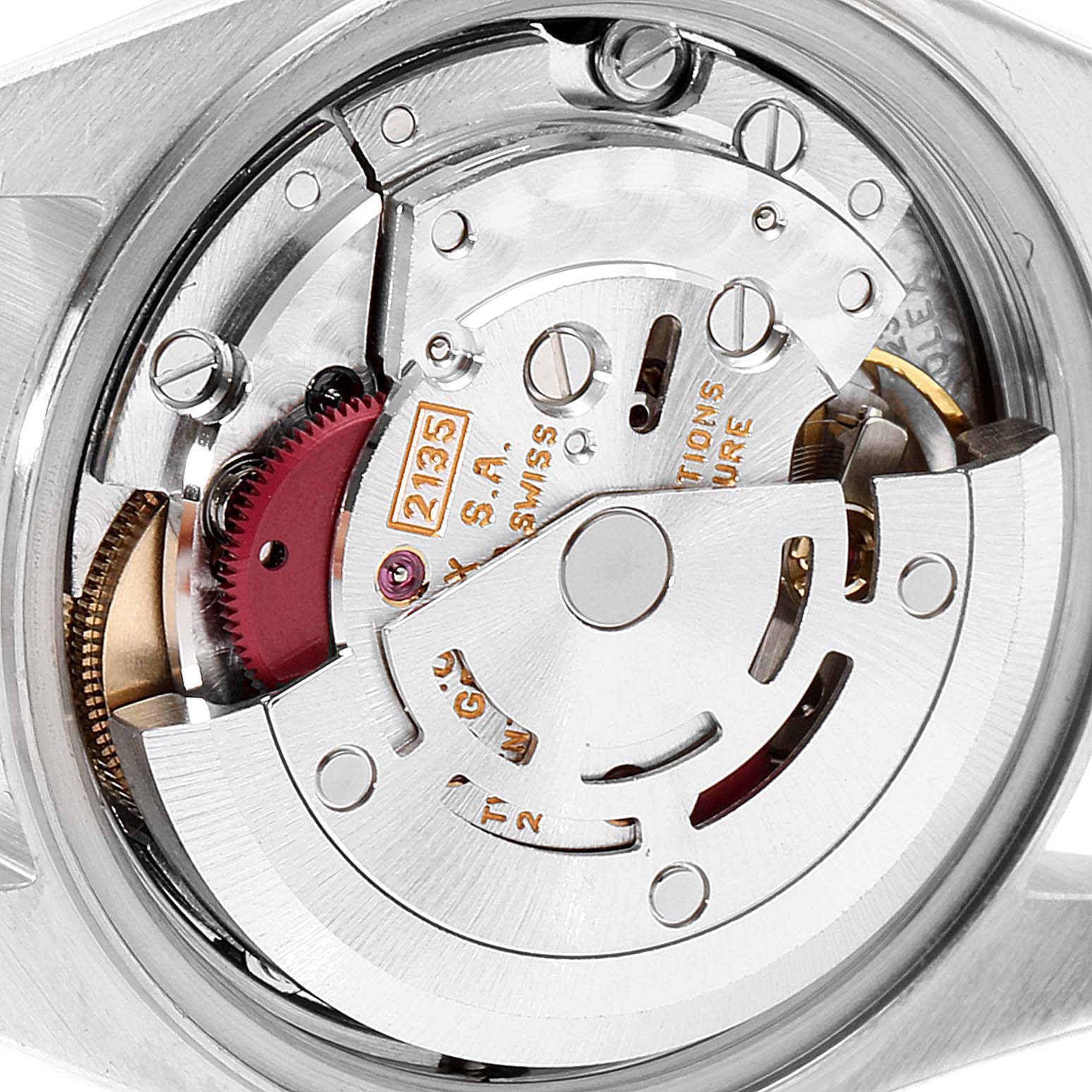 This image shows the back view, revealing the internal movement mechanism of a Rolex Datejust 69173 Women's Steel and Gold (two tone) White Dial 69173 Women's Steel and Gold (two tone) White Dial watch.