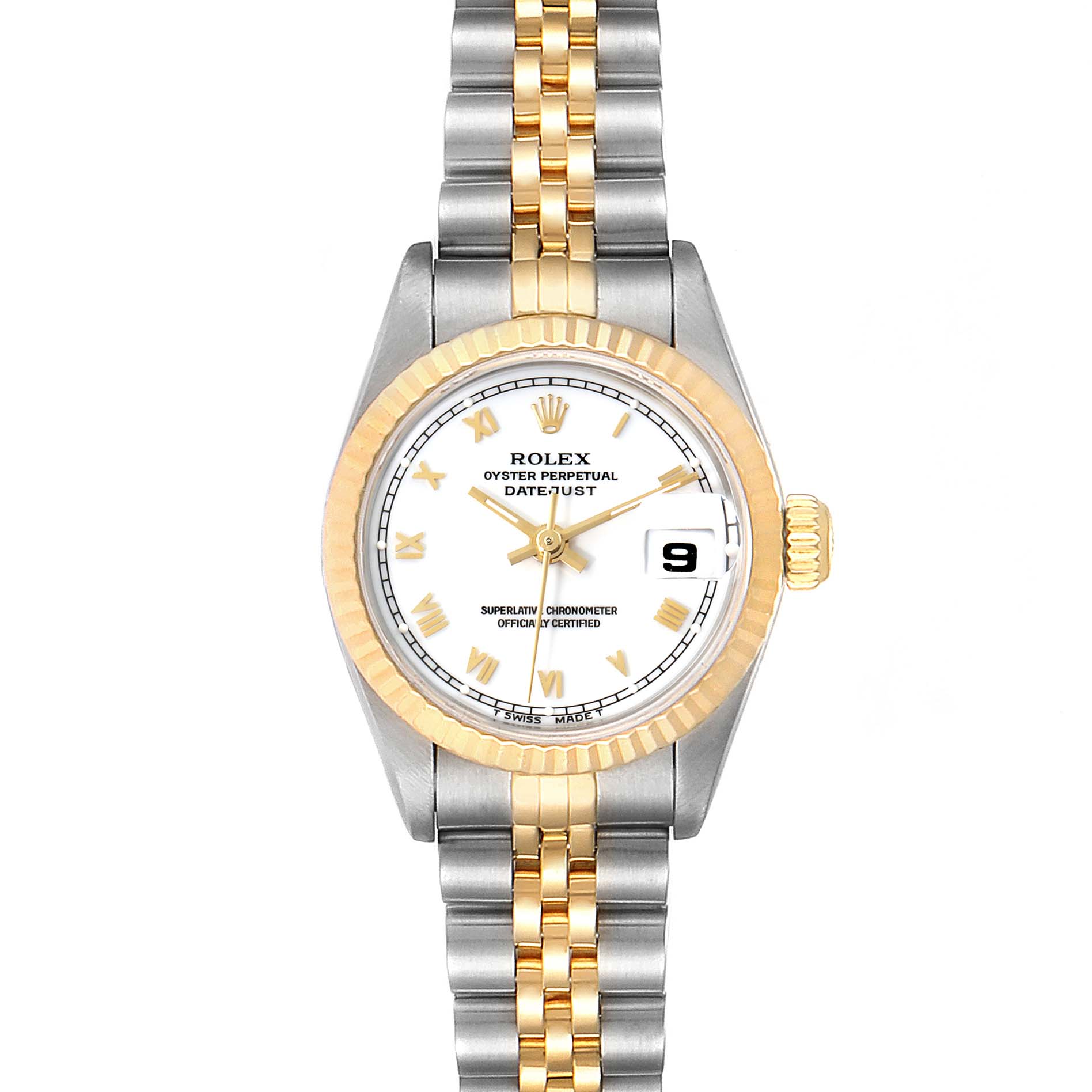 This Rolex Datejust 69173 Women's Steel and Gold (two tone) White Dial 69173 Women's Steel and Gold (two tone) White Dial model is shown from a top-down angle, displaying the face, bezel, crown, and two-tone bracelet.