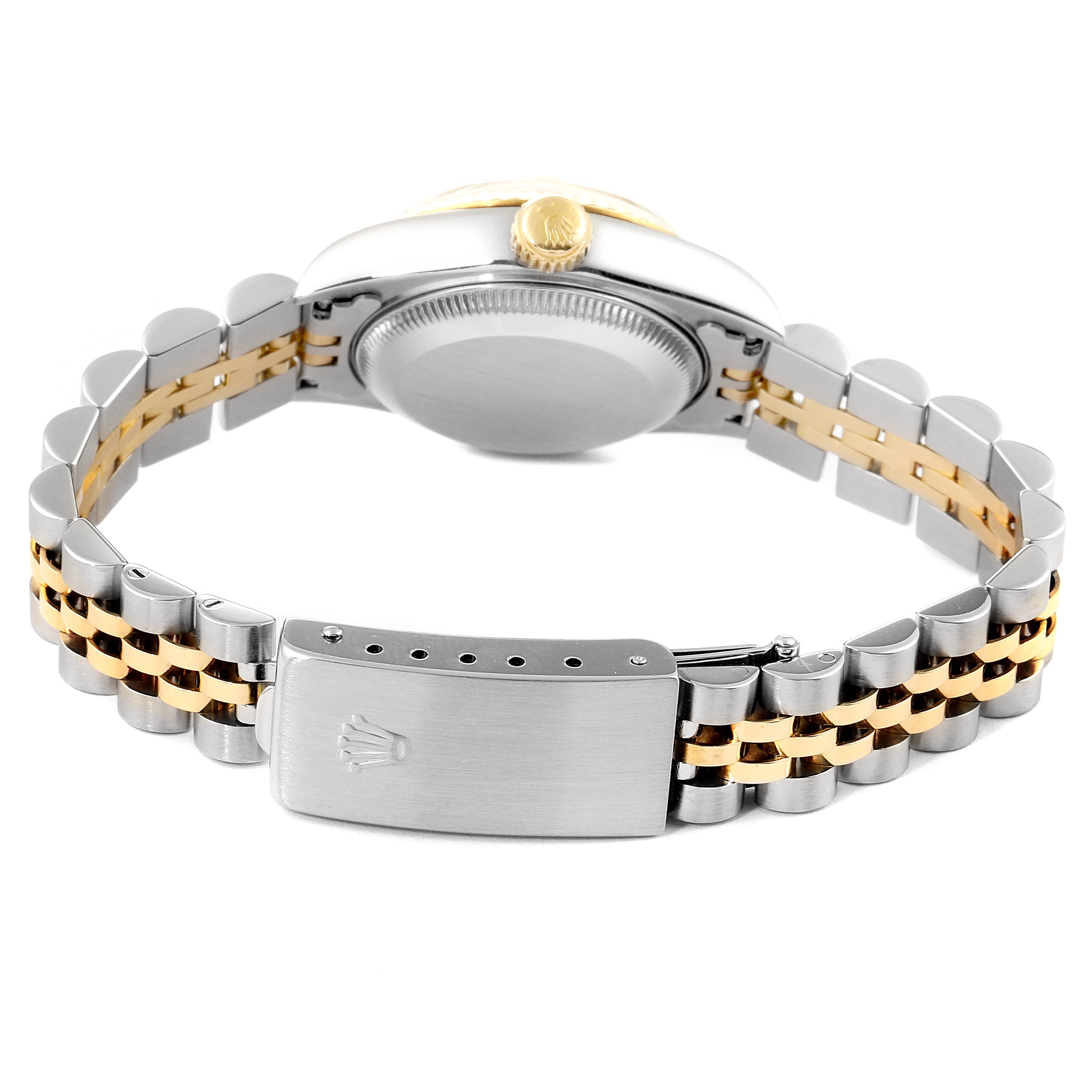 The image shows the back case, crown, and two-tone Jubilee bracelet of a Rolex Datejust 69173 Women's Steel and Gold (two tone) White Dial 69173 Women's Steel and Gold (two tone) White Dial watch.