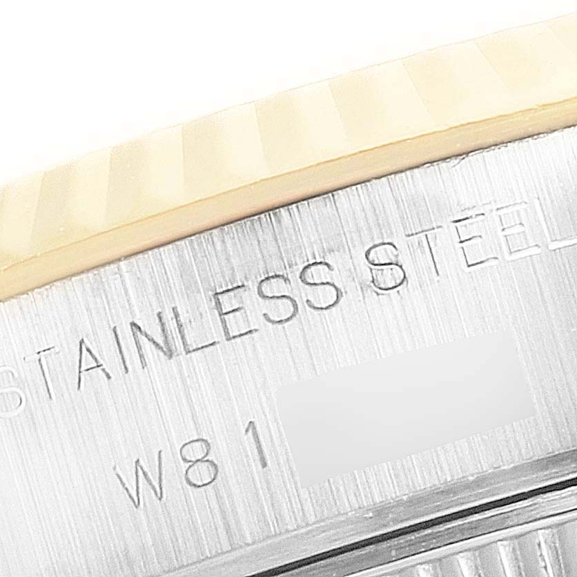 The close-up image shows the stainless steel casing with serial engravings of a Rolex Datejust 69173 Women's Steel and Gold (two tone) White Dial 69173 Women's Steel and Gold (two tone) White Dial watch.