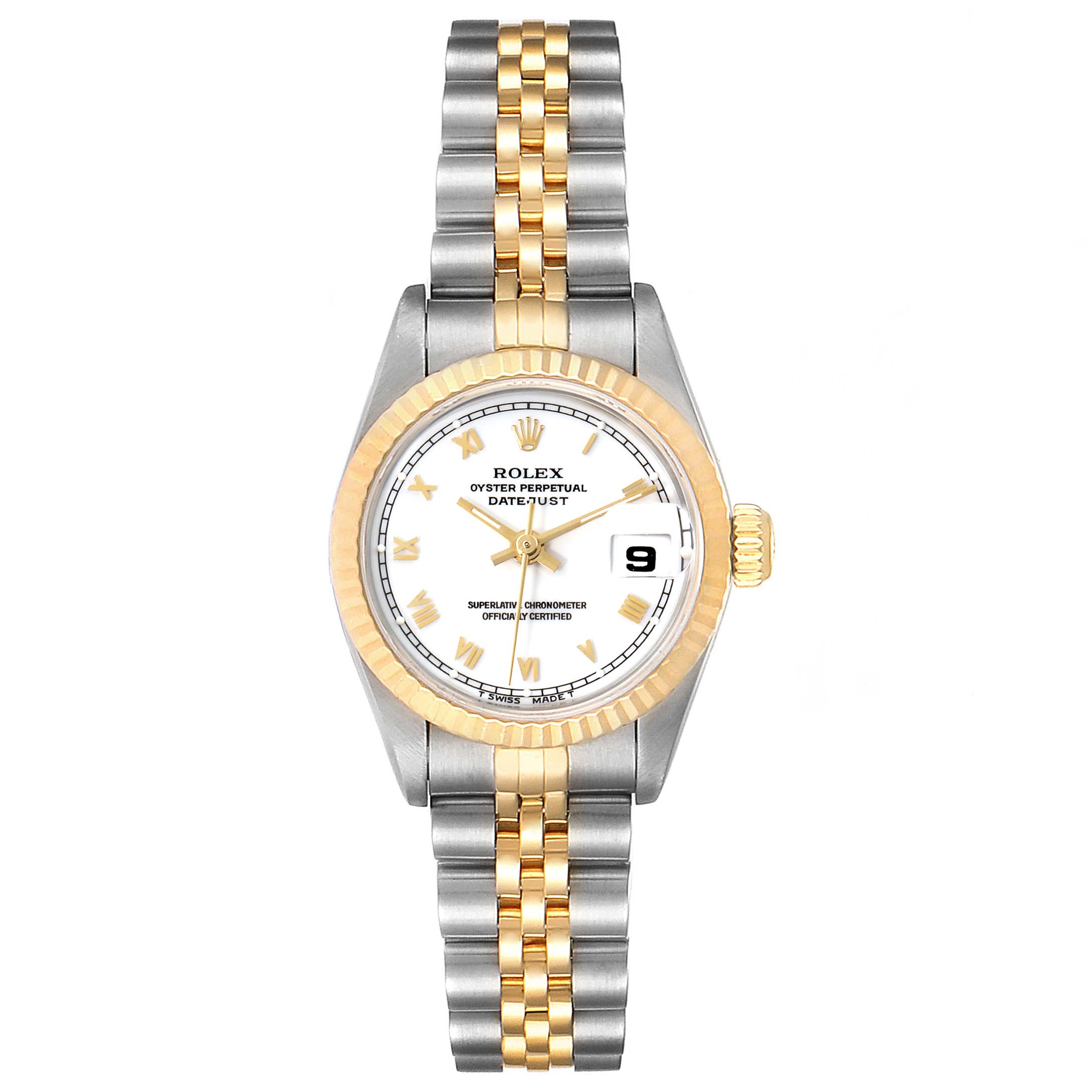This image shows the front view of a Rolex Datejust 69173 Women's Steel and Gold (two tone) White Dial 69173 Women's Steel and Gold (two tone) White Dial watch, highlighting its dial, hands, bezel, case, and bracelet.