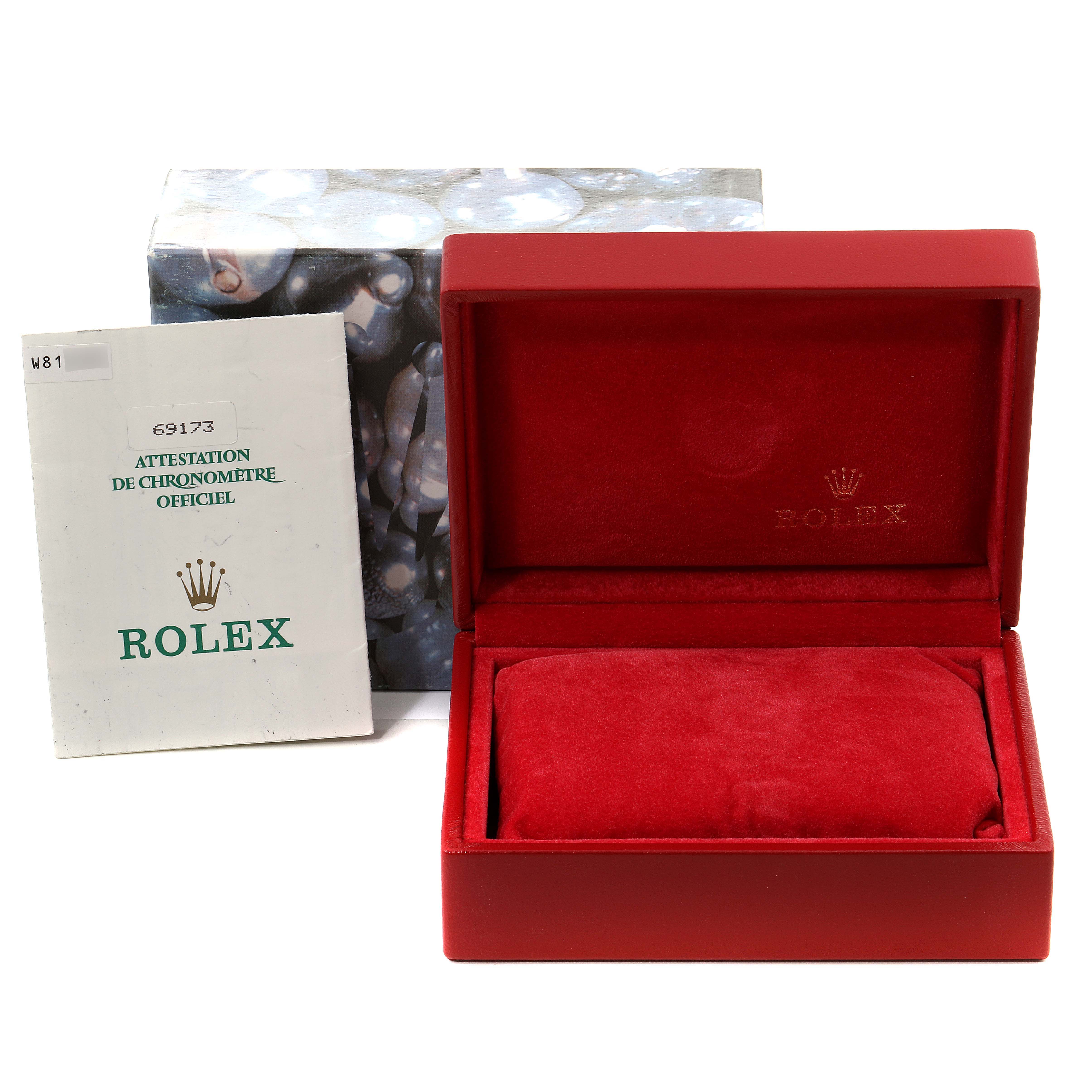 The image shows an empty red Rolex Datejust 69173 Women's Steel and Gold (two tone) White Dial 69173 Women's Steel and Gold (two tone) White Dial watch box, along with its outer box and official chronometer certification.