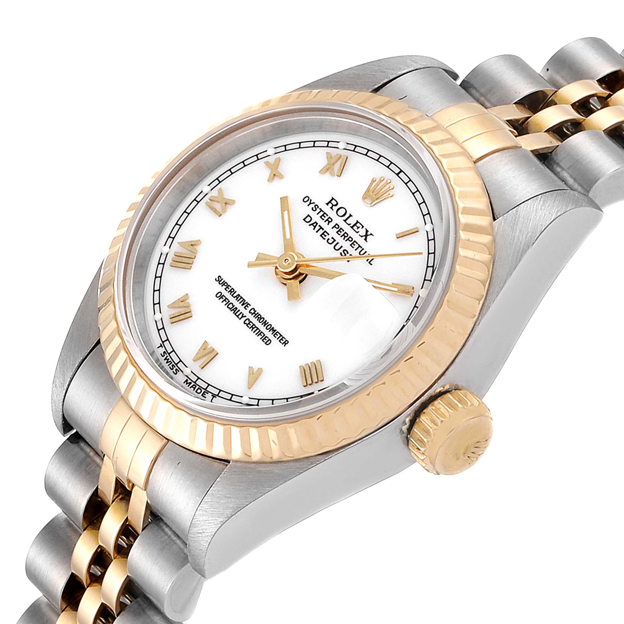 The image shows a side angle of a Rolex Datejust 69173 Women's Steel and Gold (two tone) White Dial 69173 Women's Steel and Gold (two tone) White Dial watch, highlighting the bezel, crown, dial, and part of the bracelet.