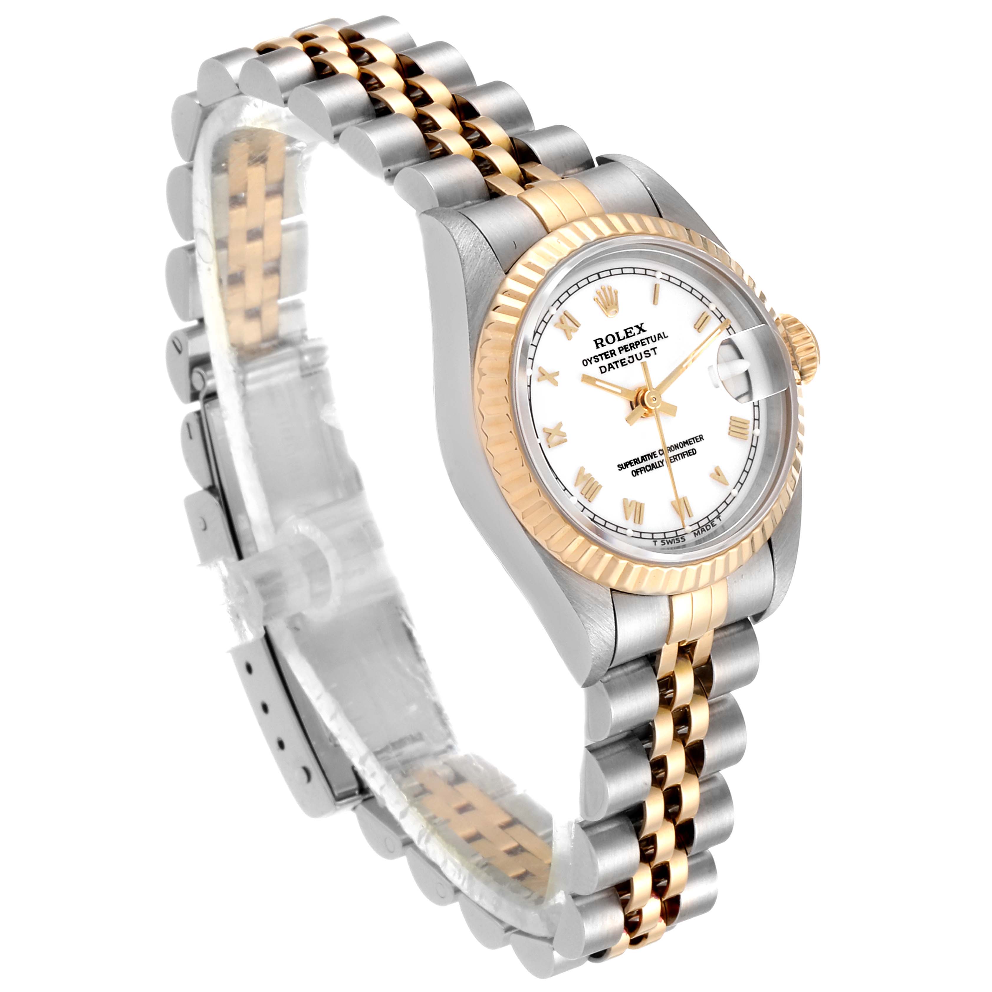 The image shows a Rolex Datejust 69173 Women's Steel and Gold (two tone) White Dial 69173 Women's Steel and Gold (two tone) White Dial watch from an angled view, highlighting the gold and silver oyster bracelet, bezel, and face.