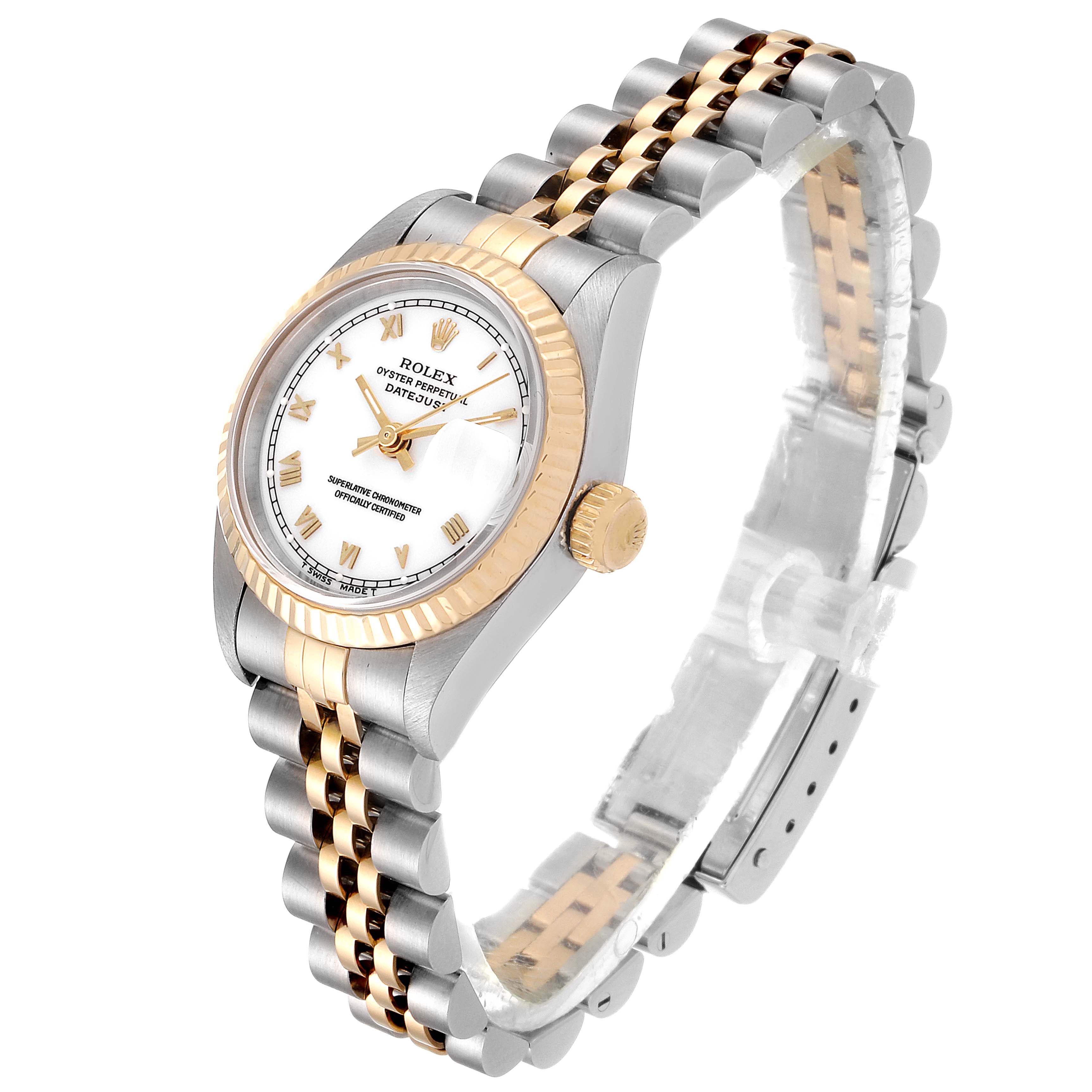 This image shows a side and front view of a Rolex Datejust 69173 Women's Steel and Gold (two tone) White Dial 69173 Women's Steel and Gold (two tone) White Dial watch, highlighting the bezel, crown, and two-tone bracelet.