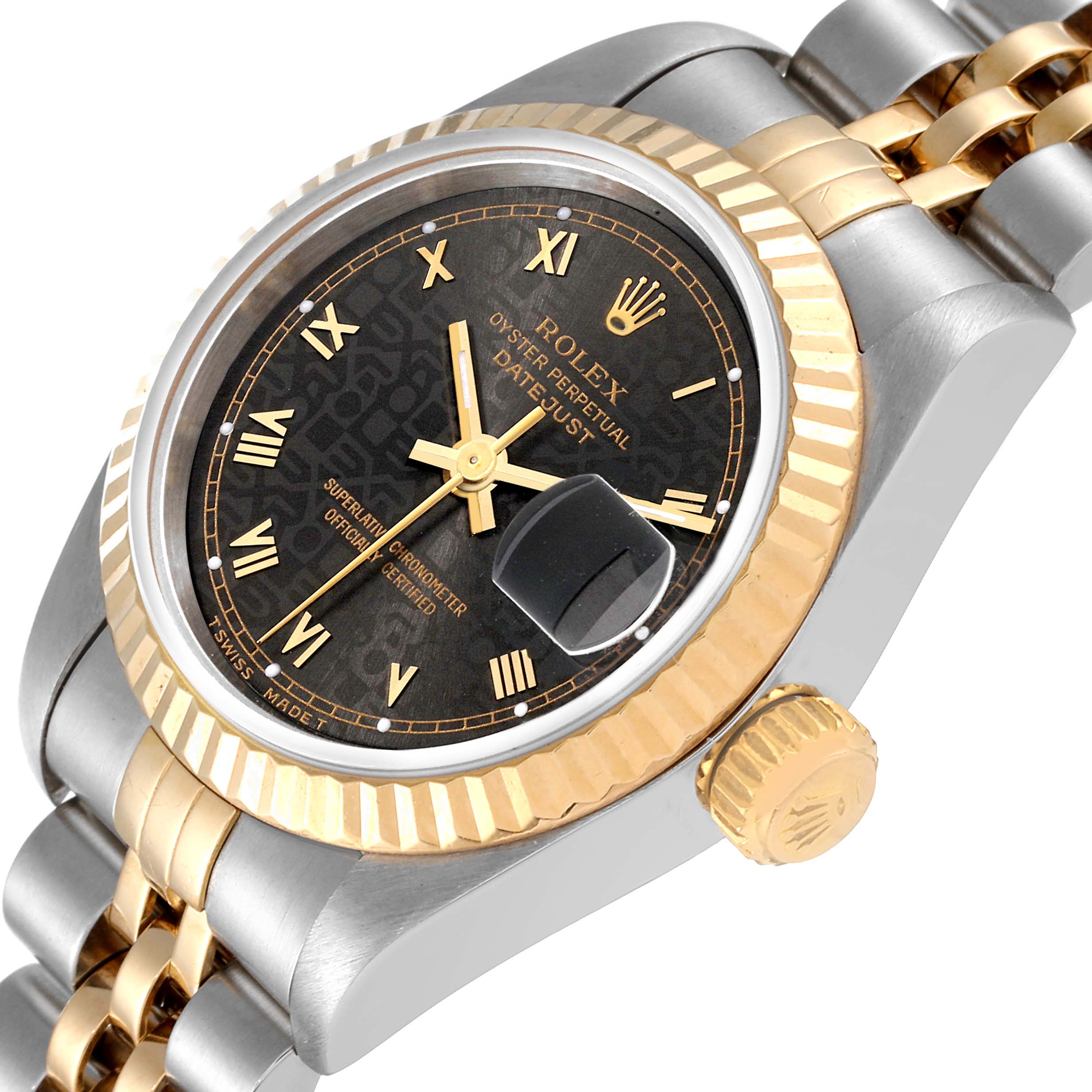 The image shows a close-up angle of the Rolex Datejust 79173 Women's Steel and Gold (two tone) Grey Dial 79173 Women's Steel and Gold (two tone) Grey Dial watch, highlighting the dial, bezel, crown, and part of the bracelet.
