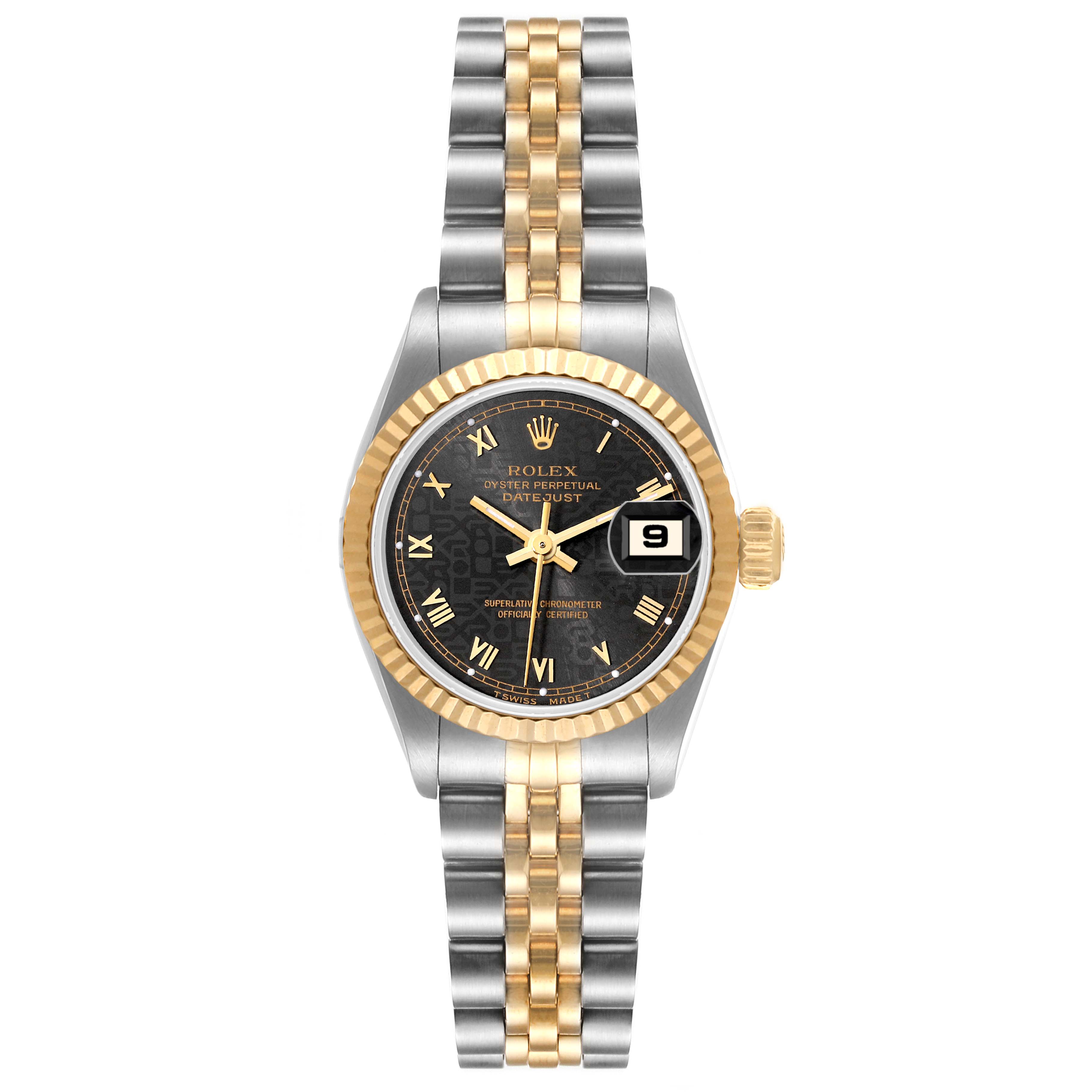 The Rolex Datejust 79173 Women's Steel and Gold (two tone) Grey Dial 79173 Women's Steel and Gold (two tone) Grey Dial watch is shown from the front, featuring a black dial, Roman numerals, and a two-tone stainless steel and gold bracelet.