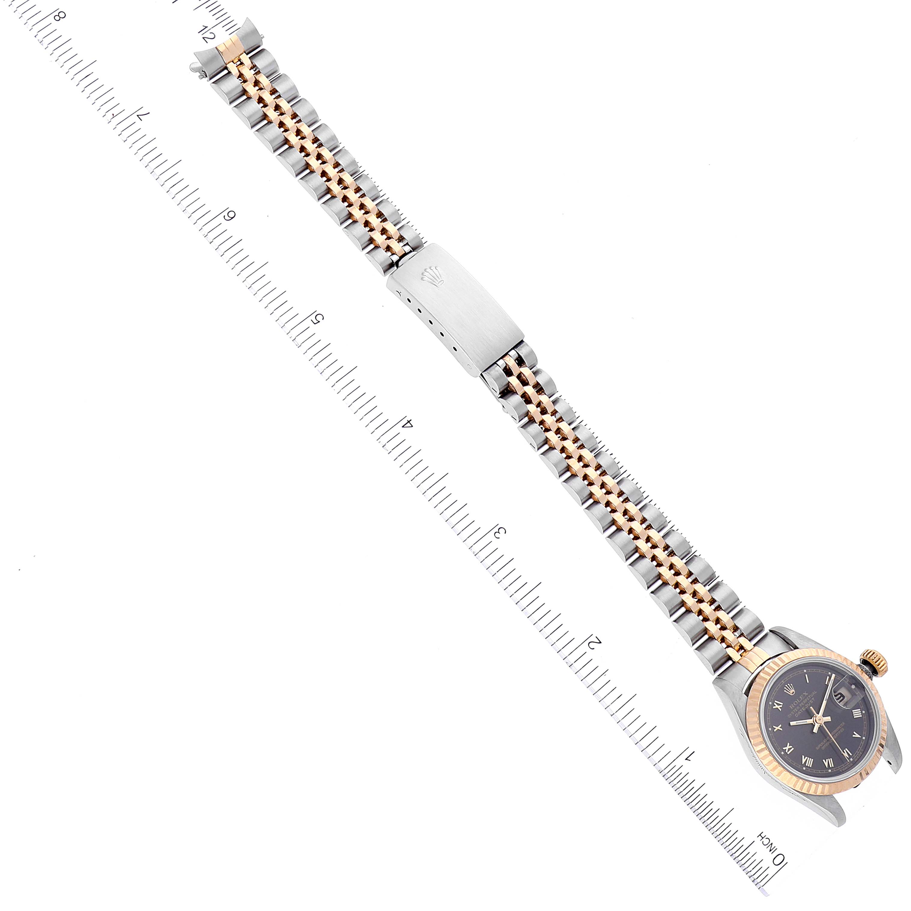 The image shows a top-down view of a Rolex Datejust 79173 Women's Steel and Gold (two tone) Grey Dial 79173 Women's Steel and Gold (two tone) Grey Dial watch, displaying its dial, bezel, and bracelet.