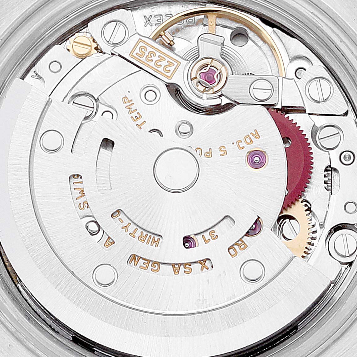 This close-up shows the movement mechanism of a Rolex Datejust 79173 Women's Steel and Gold (two tone) Grey Dial 79173 Women's Steel and Gold (two tone) Grey Dial watch viewed from the back.