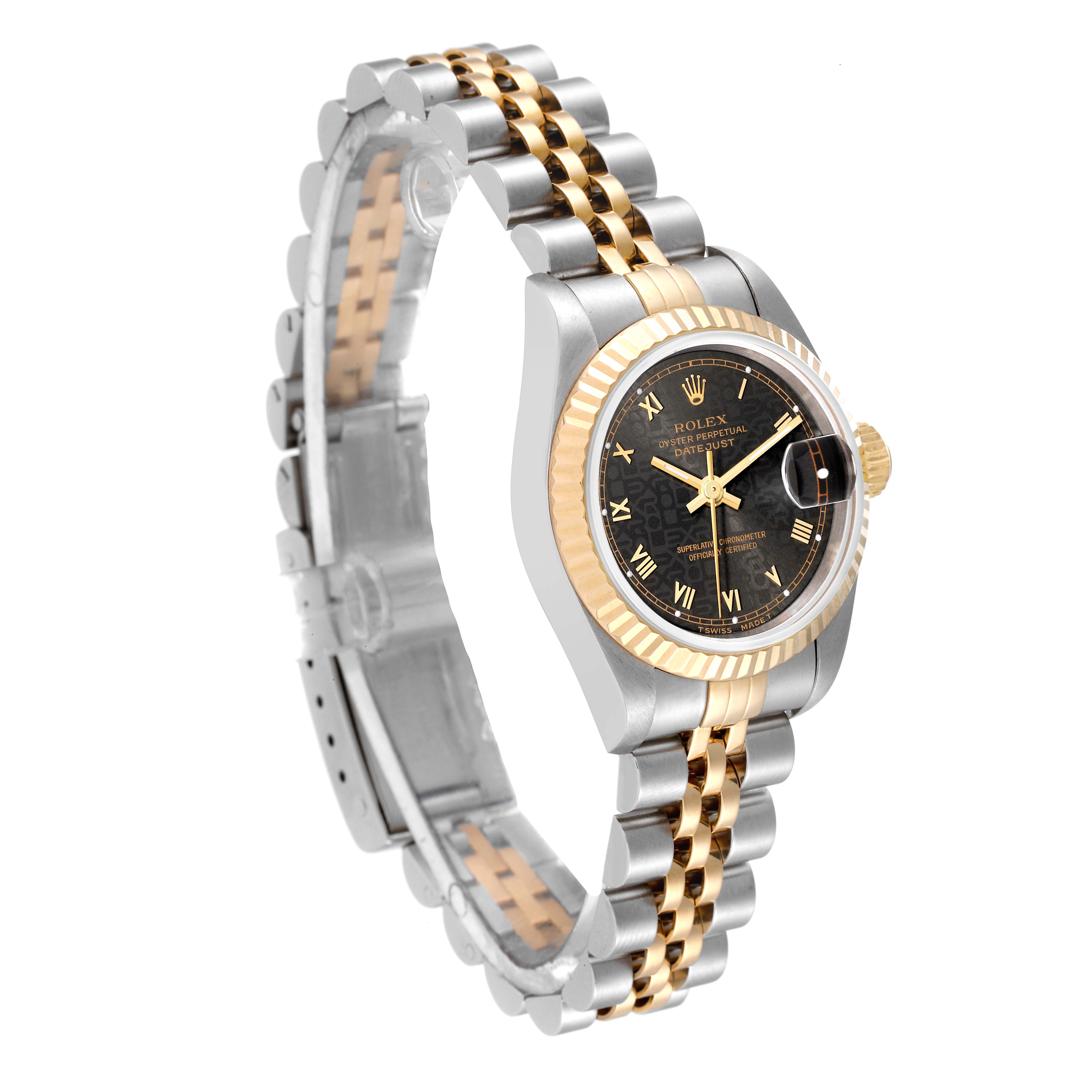 This Rolex Datejust 79173 Women's Steel and Gold (two tone) Grey Dial 79173 Women's Steel and Gold (two tone) Grey Dial watch is shown at a slight angle, displaying the face, bezel, and two-tone bracelet.