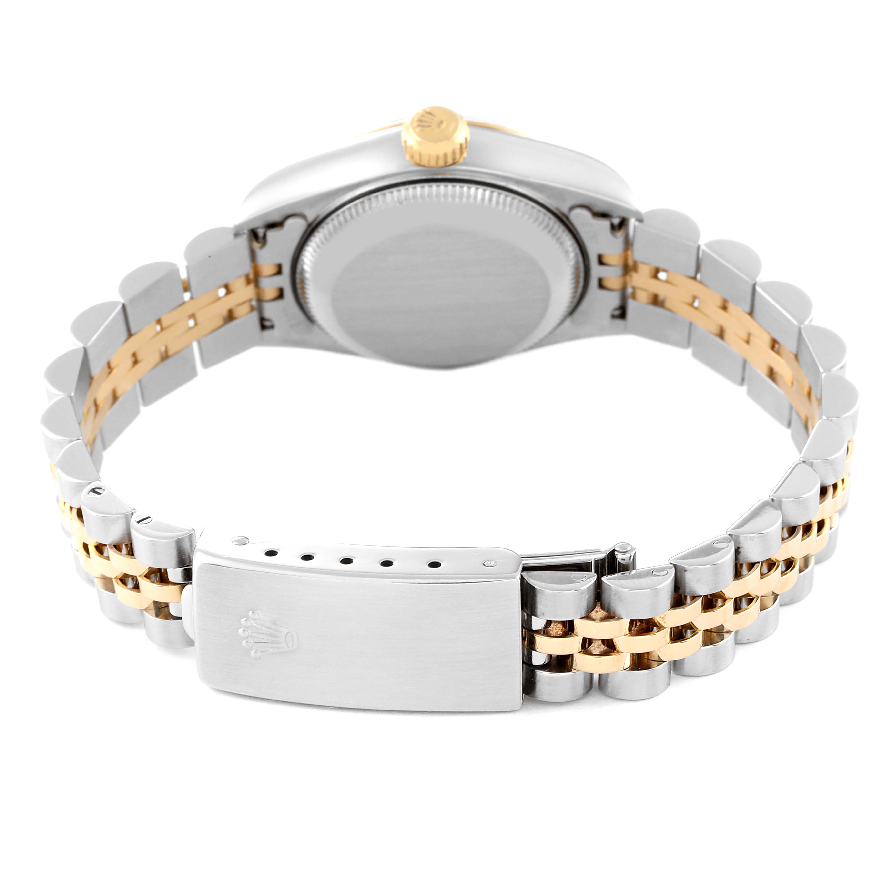 This image shows the back view of a Rolex Datejust 79173 Women's Steel and Gold (two tone) Grey Dial 79173 Women's Steel and Gold (two tone) Grey Dial watch, focusing on the clasp, bracelet, and case back.