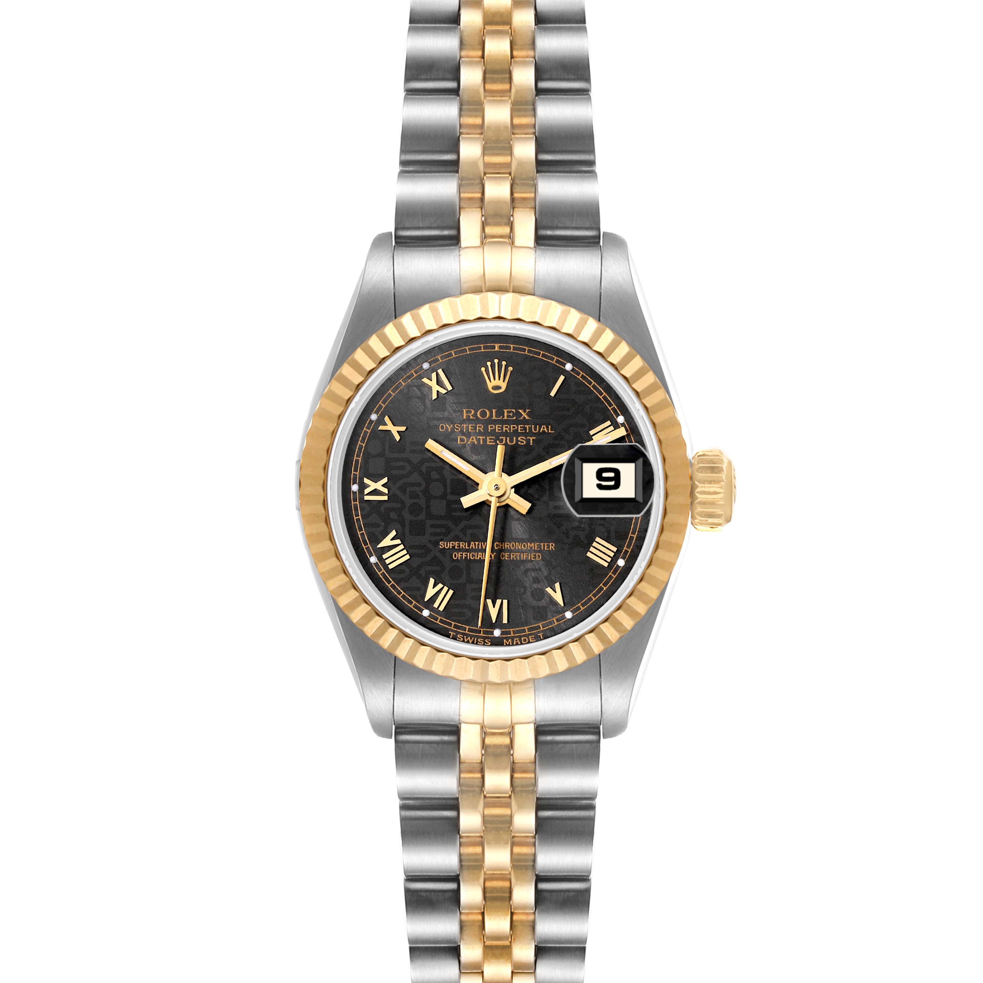 The image shows a Rolex Datejust 79173 Women's Steel and Gold (two tone) Grey Dial 79173 Women's Steel and Gold (two tone) Grey Dial watch from a front angle, highlighting the face, bezel, and bracelet.