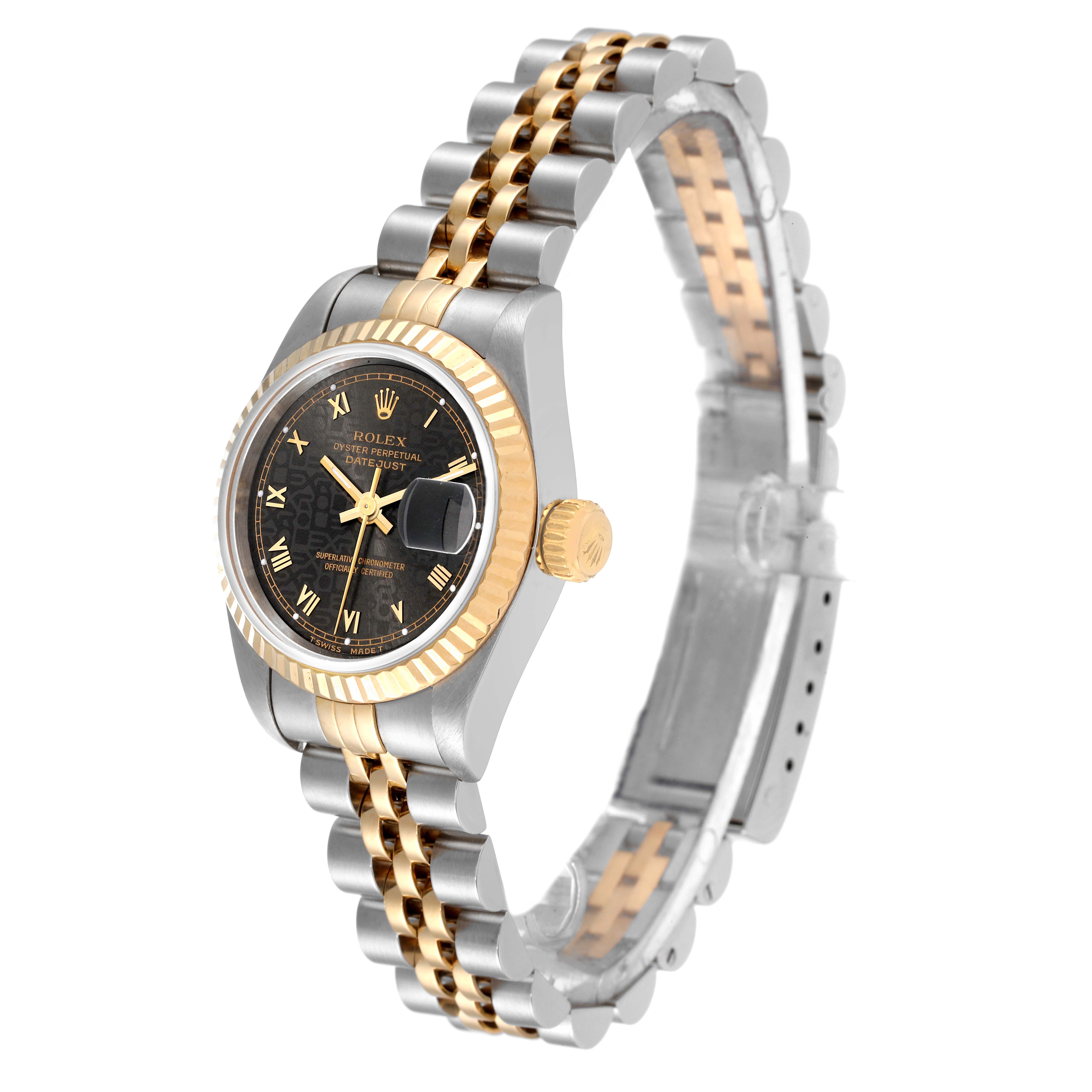 The image shows a Rolex Datejust 79173 Women's Steel and Gold (two tone) Grey Dial 79173 Women's Steel and Gold (two tone) Grey Dial watch at an angled view, highlighting its face, bezel, and bracelet.