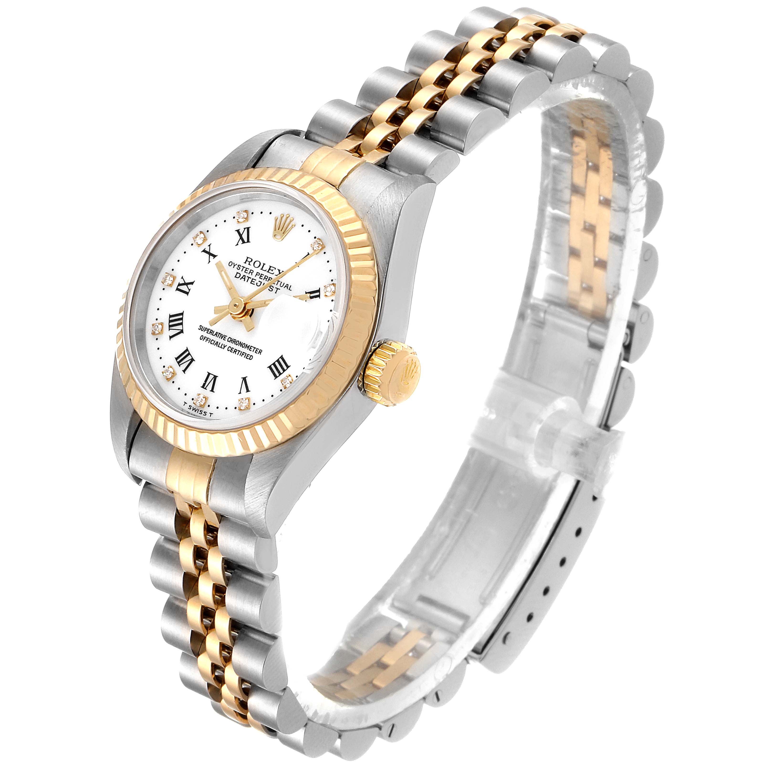 This Rolex Datejust 69173 Women's Steel and Gold (two tone) White Dial 69173 Women's Steel and Gold (two tone) White Dial watch is shown from an angled side view, displaying its face, bezel, crown, and two-tone bracelet.