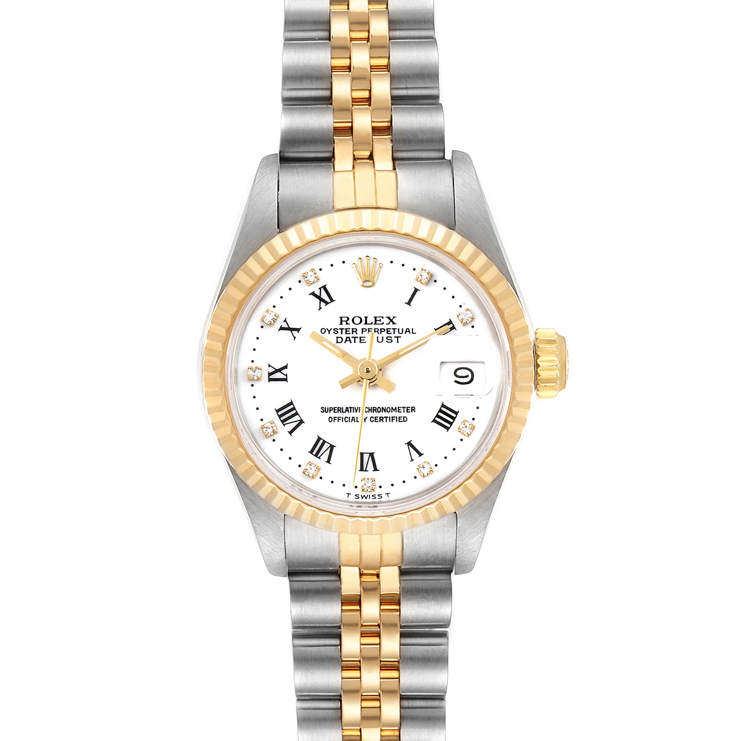 The image shows a front view of a Rolex Datejust 69173 Women's Steel and Gold (two tone) White Dial 69173 Women's Steel and Gold (two tone) White Dial watch, displaying the dial, bezel, case, and bracelet.