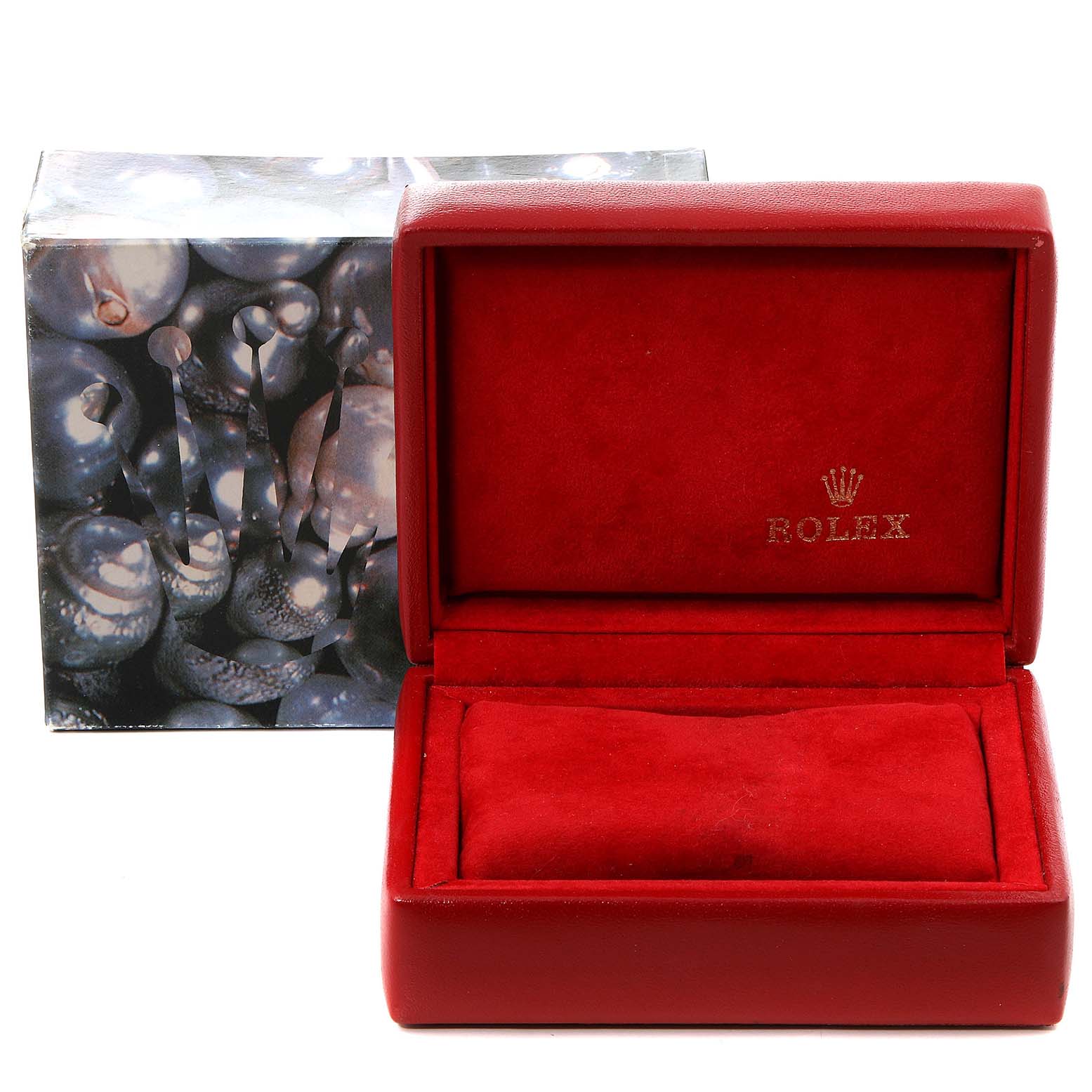 The image shows an open red Rolex Datejust 69173 Women's Steel and Gold (two tone) White Dial 69173 Women's Steel and Gold (two tone) White Dial watch box with the lid displaying the brand logo and an outer decorative box behind it.