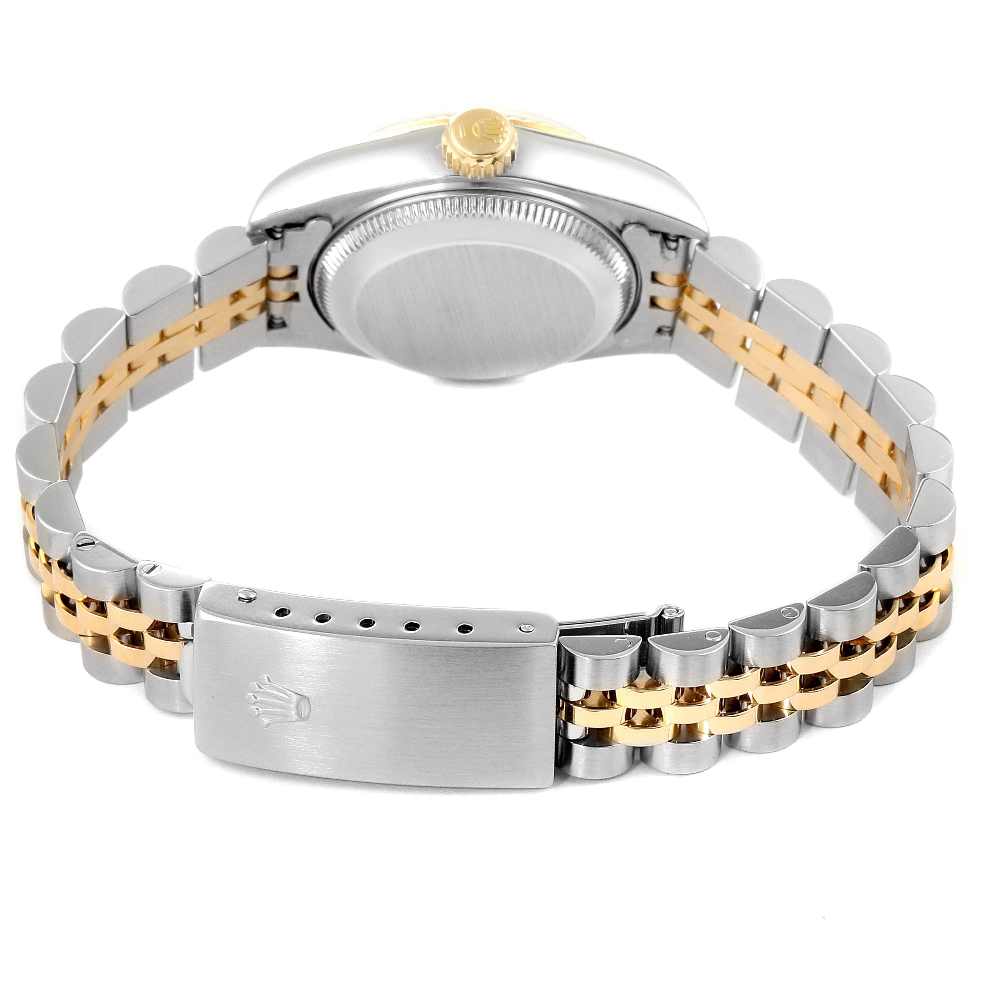 This image shows the back and bracelet of a Rolex Datejust 69173 Women's Steel and Gold (two tone) White Dial 69173 Women's Steel and Gold (two tone) White Dial watch, highlighting the clasp and gold accents.
