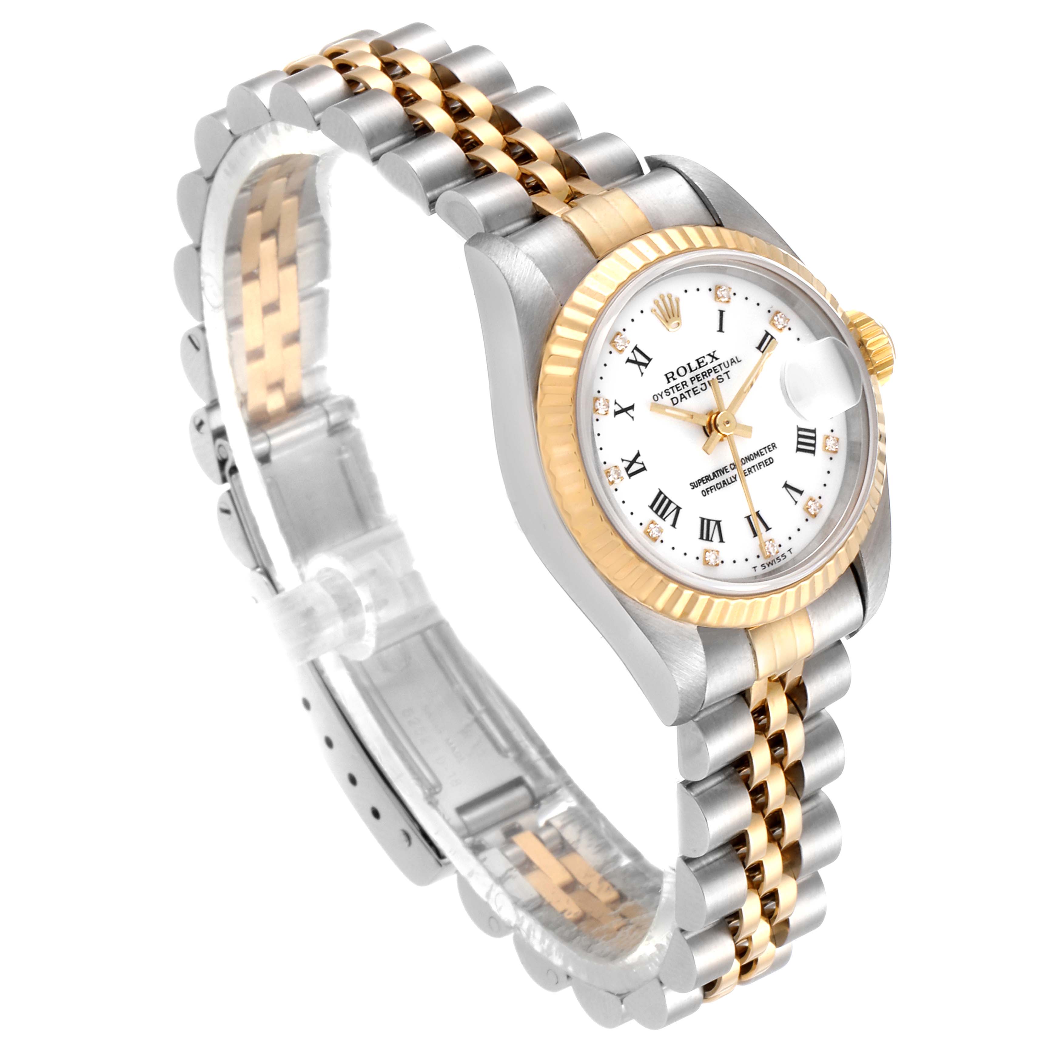 The Rolex Datejust 69173 Women's Steel and Gold (two tone) White Dial 69173 Women's Steel and Gold (two tone) White Dial watch is shown at an oblique angle, highlighting its gold and silver jubilee bracelet and white dial.